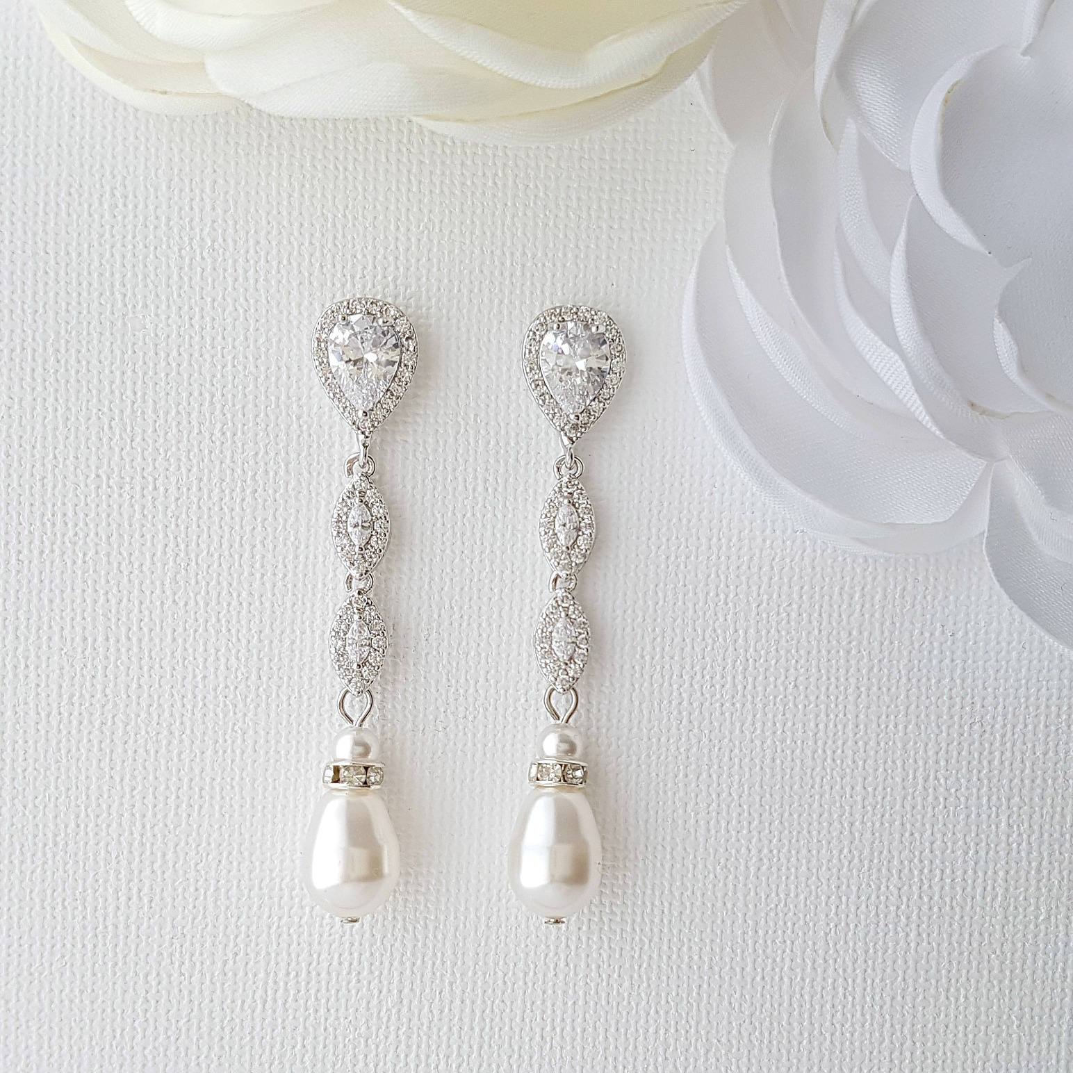 Slim Long Silver Pearl Earrings-Abby