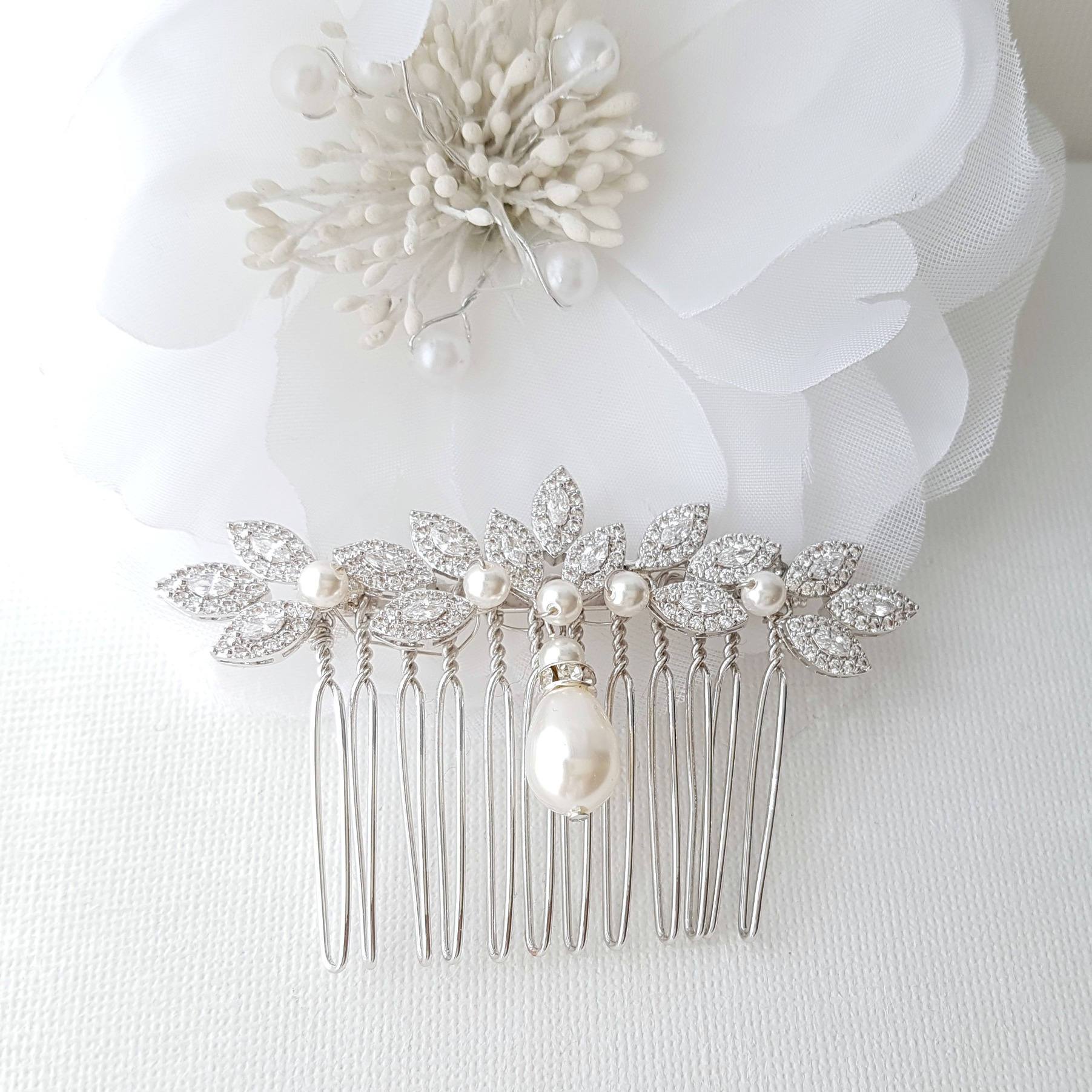 Leaf Design Rose Gold Pearl Wedding Hair Comb-Abby