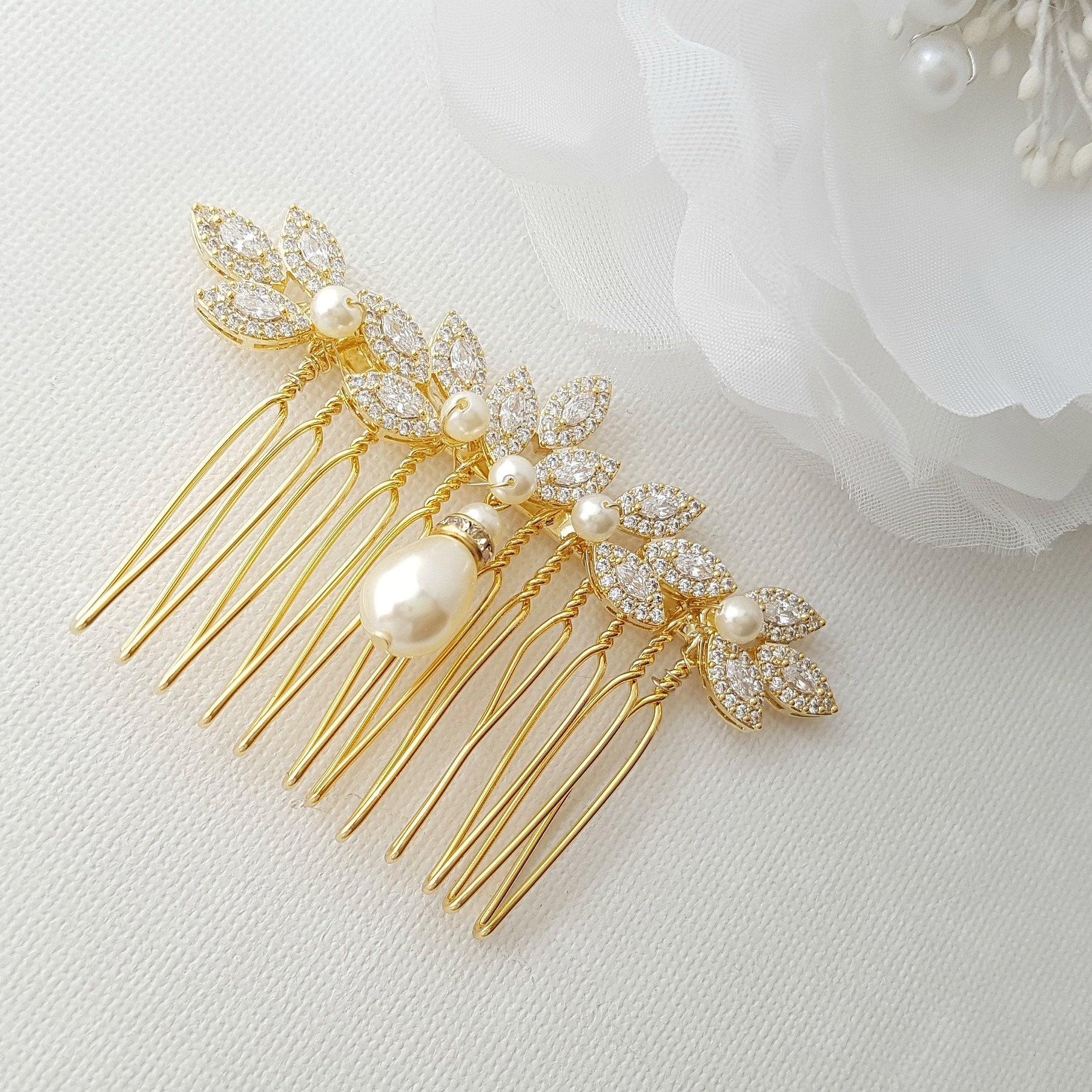 Gold Hair Comb for Weddings with Pearl & Crystals-Abby