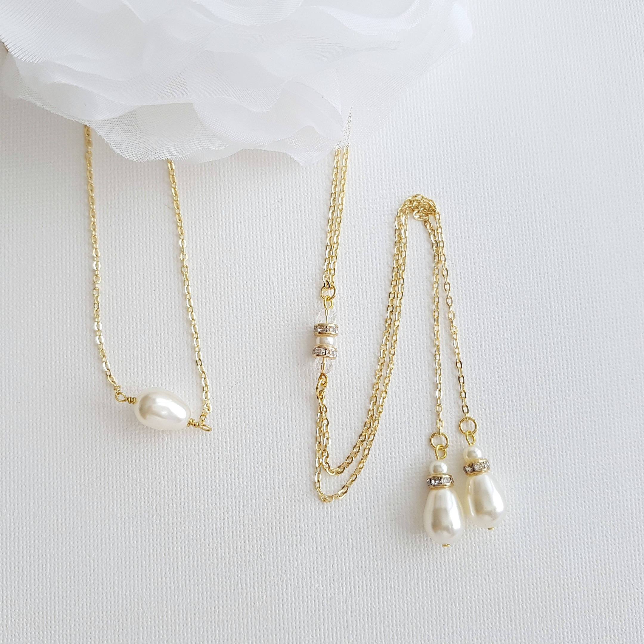 Gold Back Necklace With Chain & Pearl Drops-June