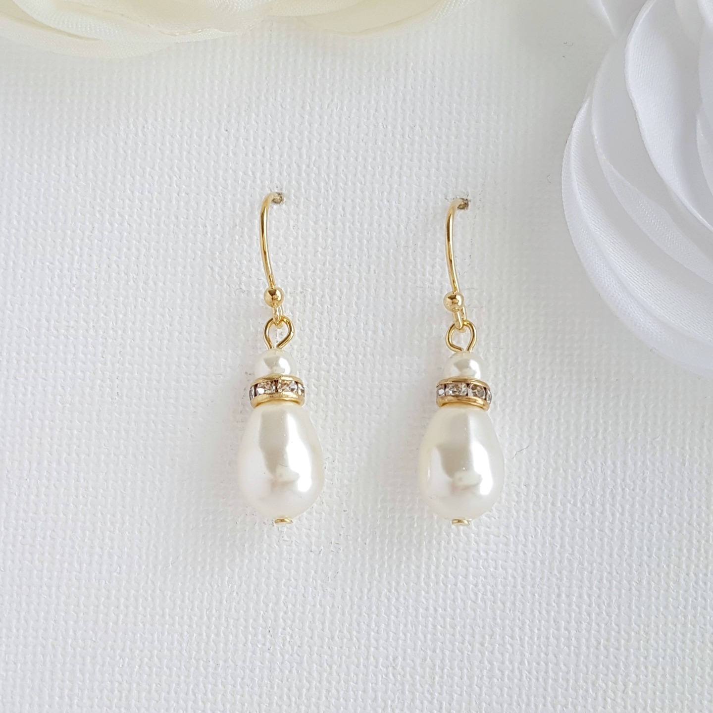 Simple Gold Earrings With Pearl Drops -June