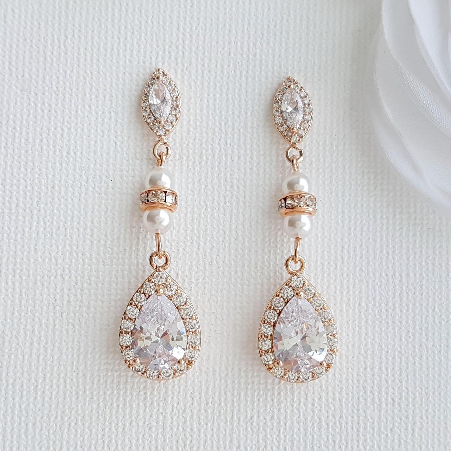 Rose Gold & Pearl Wedding Drop Earrings-Ella