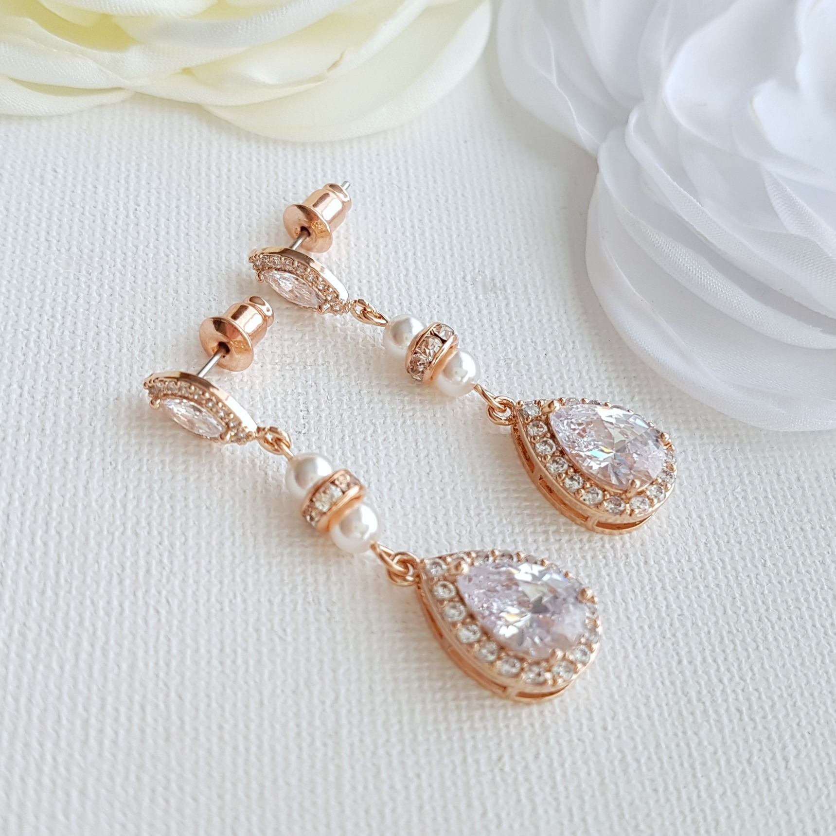 Rose Gold & Pearl Wedding Drop Earrings-Ella