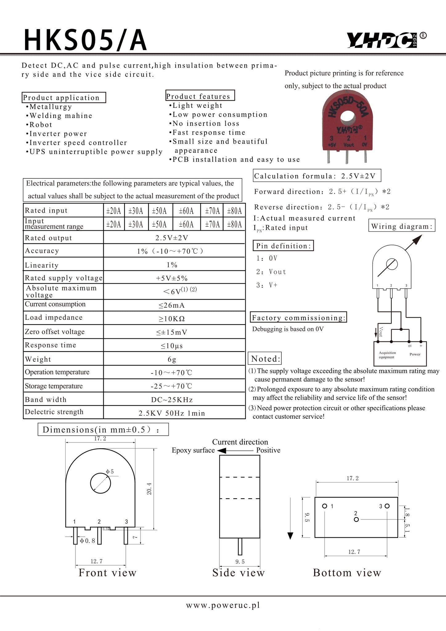 Hall sensor HKS05/A Rated input ±20A ±30A ±50A ±60A ±70A ±80A
