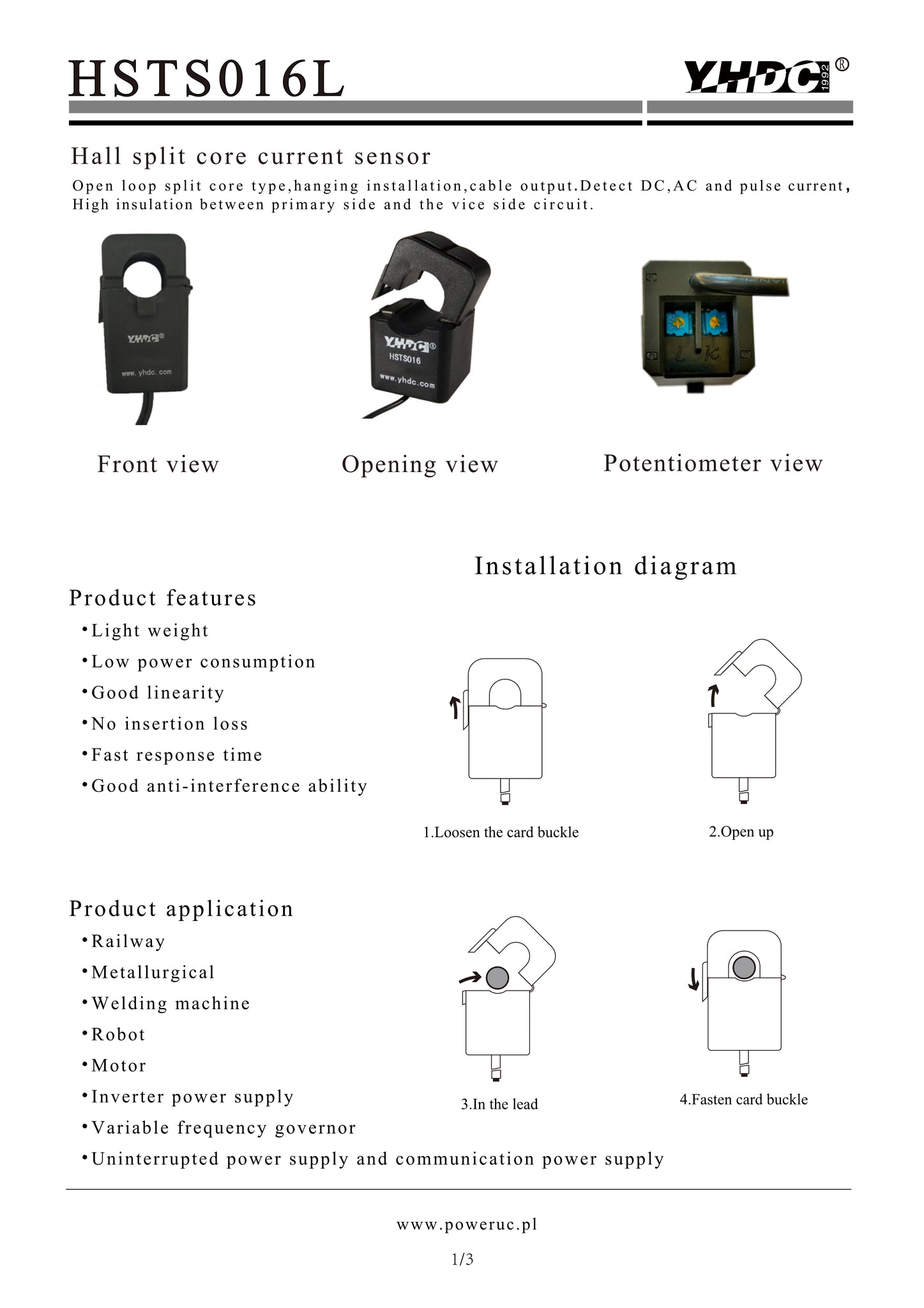 Split core current sensor HSTS016L Rated input ±10A ±20A ±30A ±50A ±10