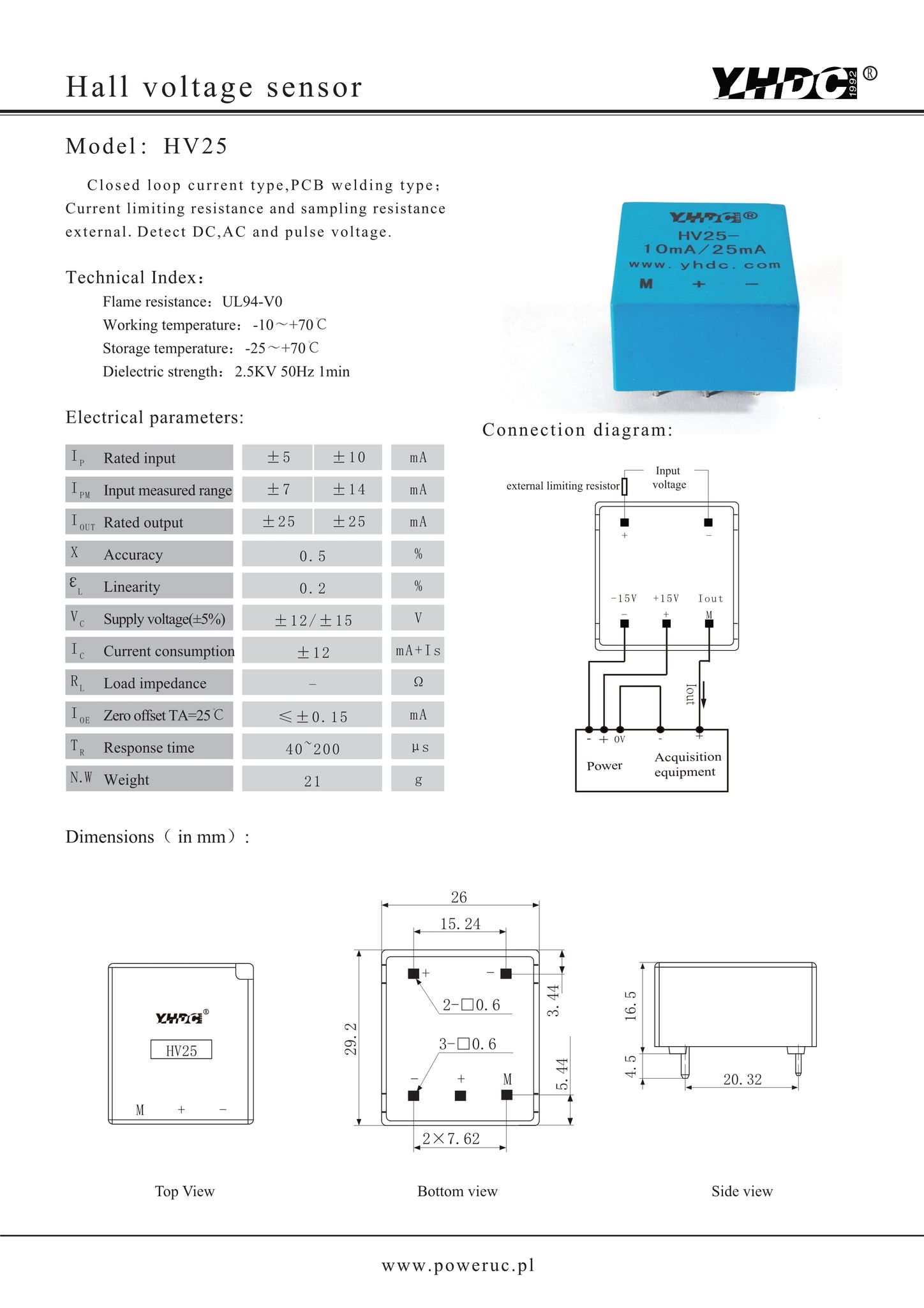 Hall voltage sensor HV25 Rated input ±5mA/±10mA Rated output ±25mA
