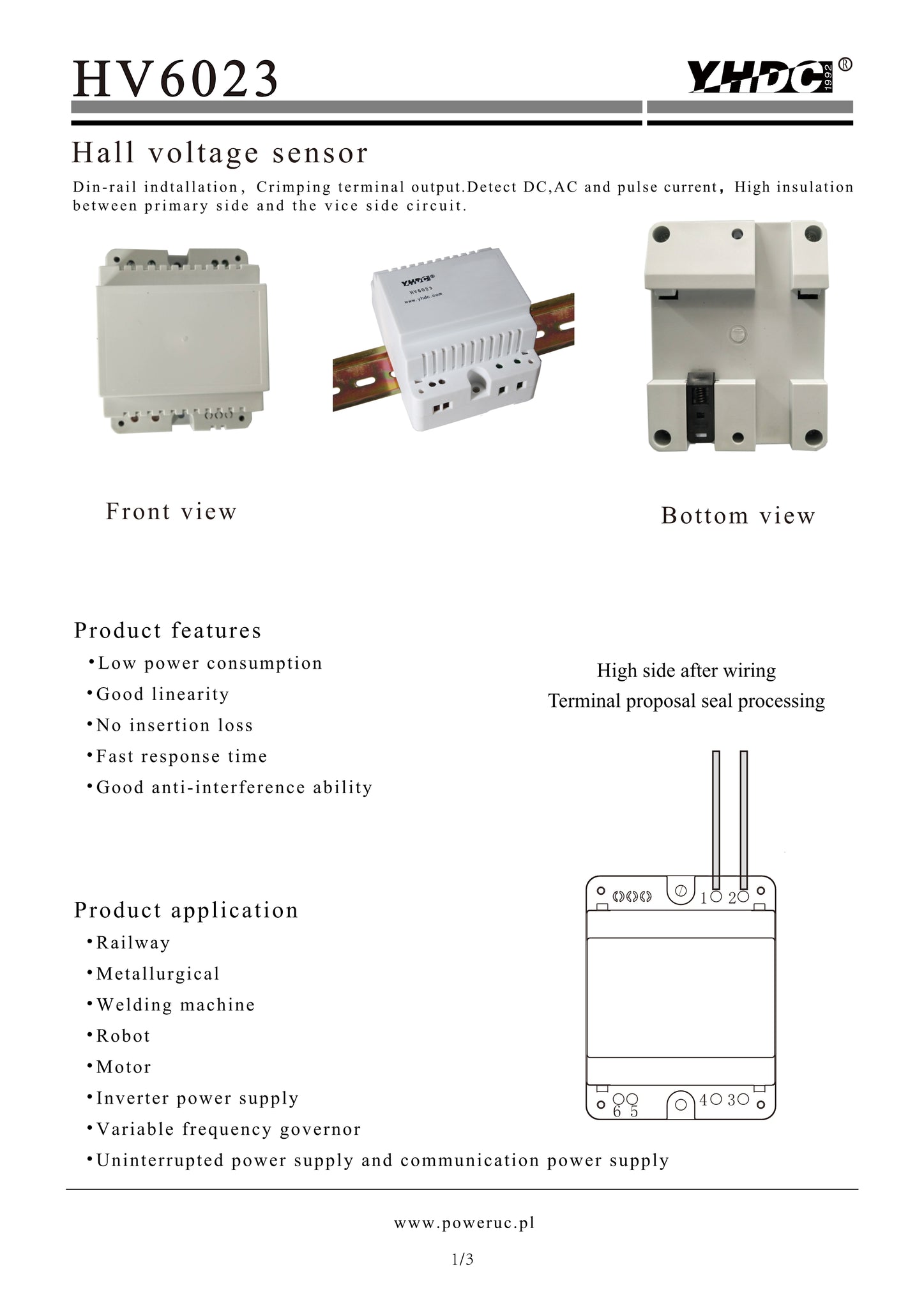 Hall voltage sensor HV6023 Rated input ±50V ±100V ±200V ±300V ±400V ±5