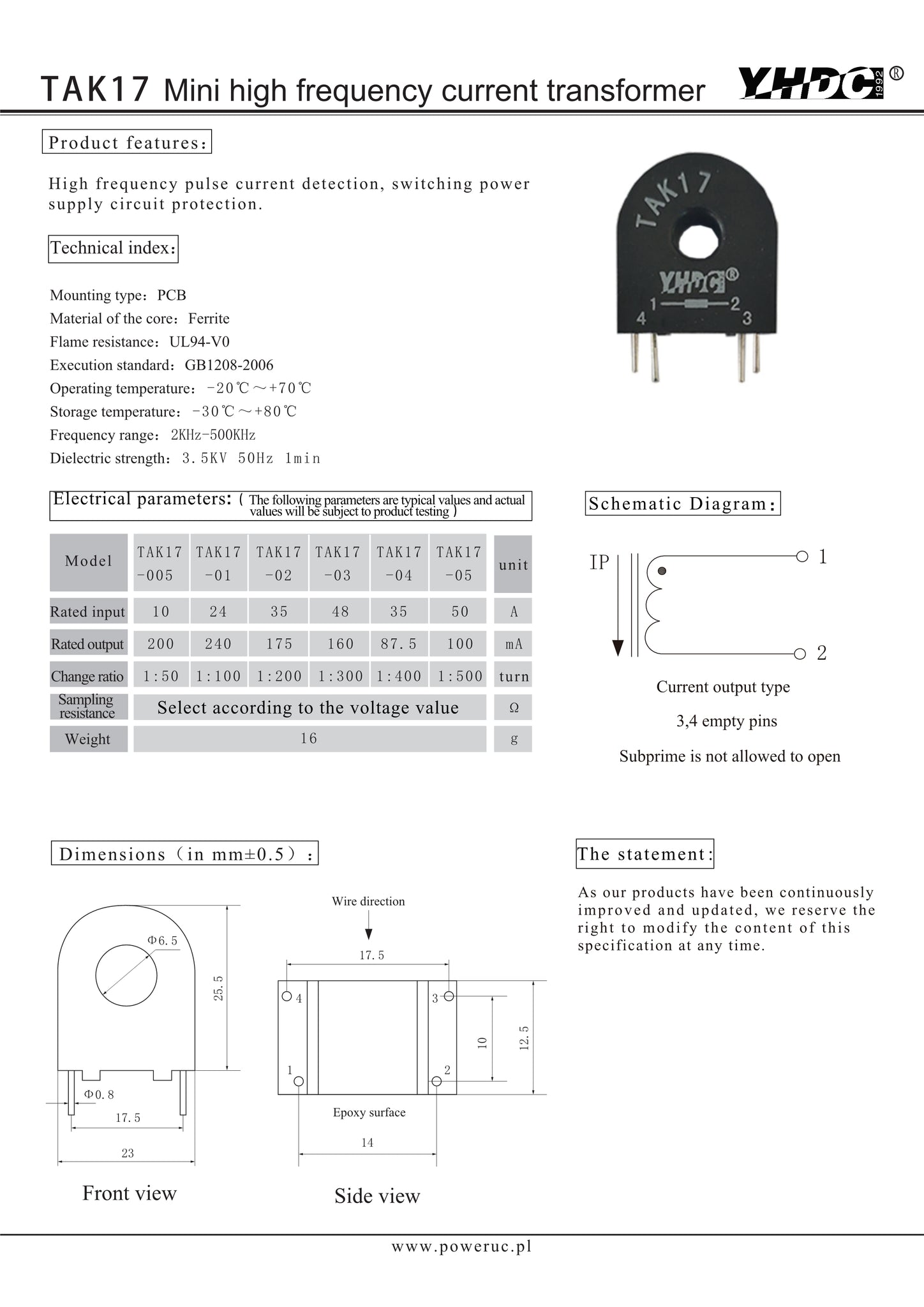 Mini high frequency current transformer   TAK17-02    35A/0.175A 