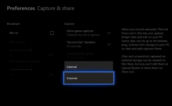 Xbox one  video recording location setting