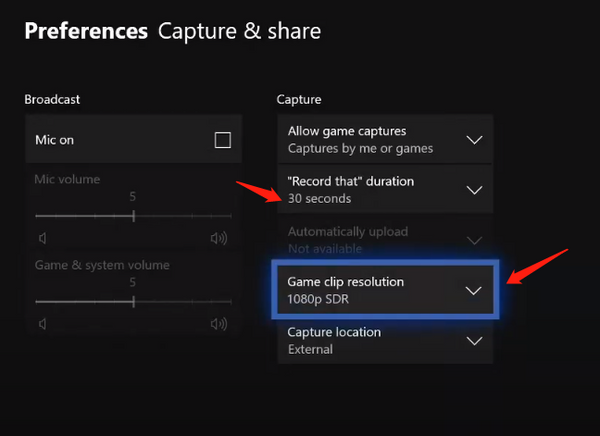 Xbox one  video recording location setting