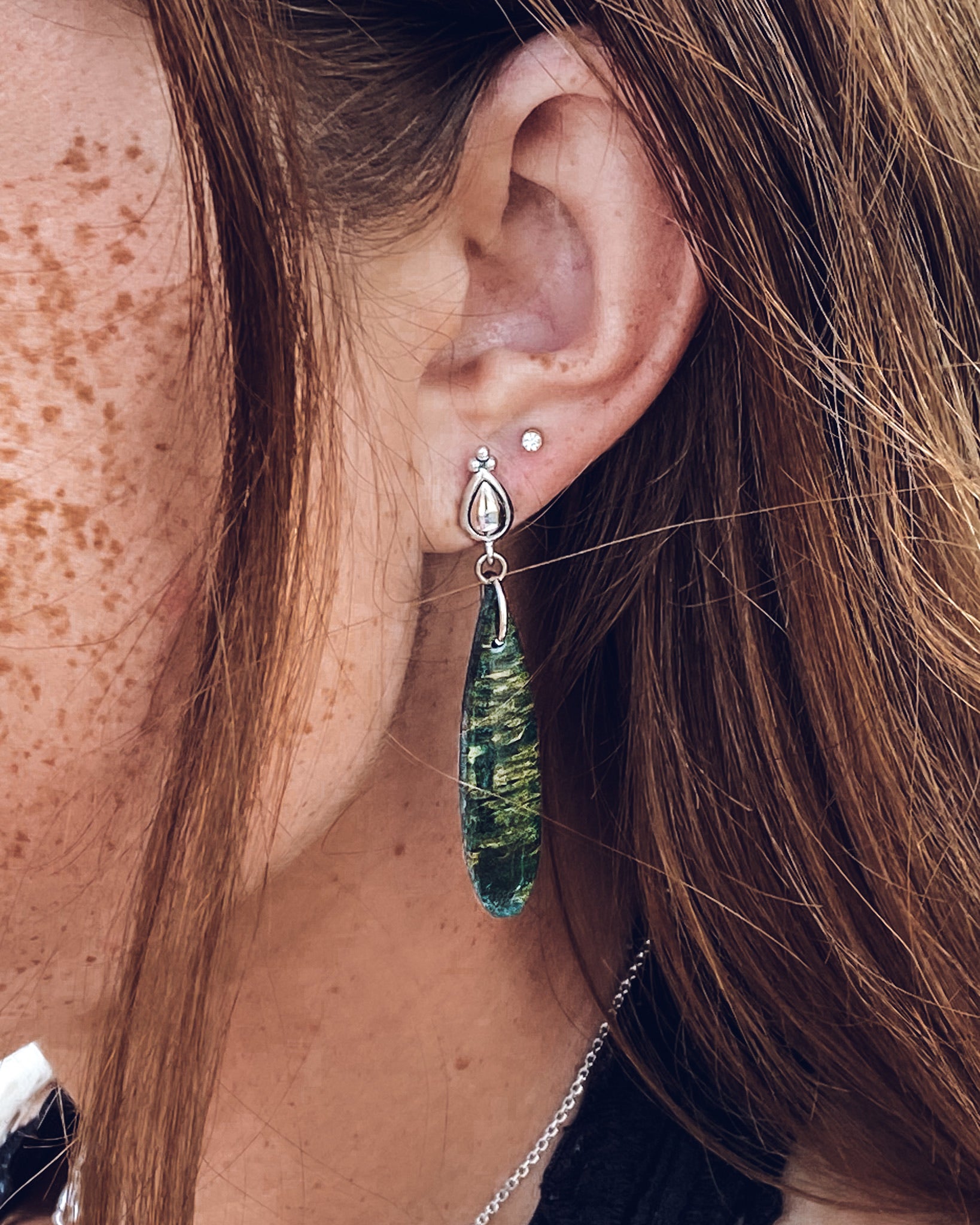 SS African Striped Green Jade Teardrop Dangle Earrings