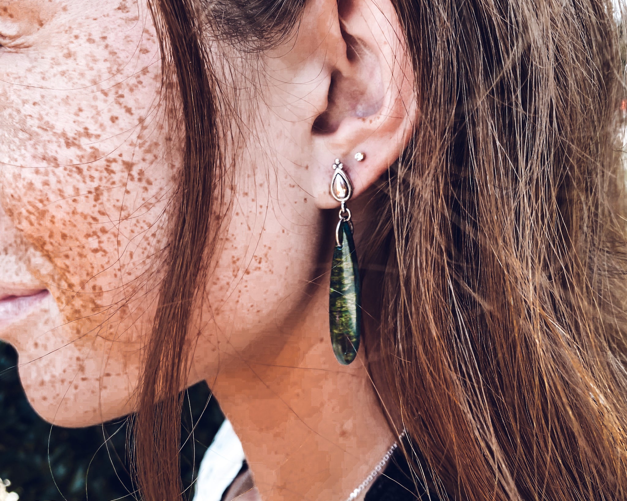 SS African Striped Green Jade Teardrop Dangle Earrings