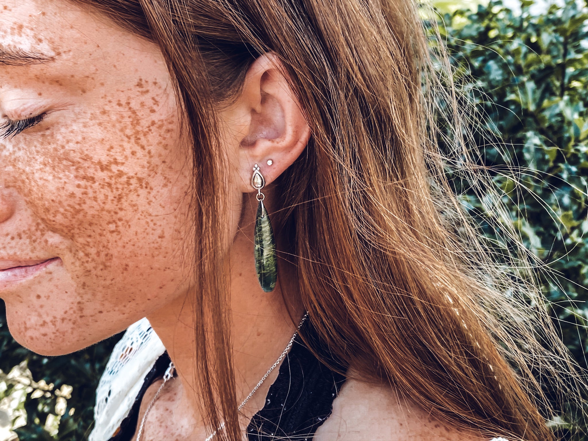 SS African Striped Green Jade Teardrop Dangle Earrings