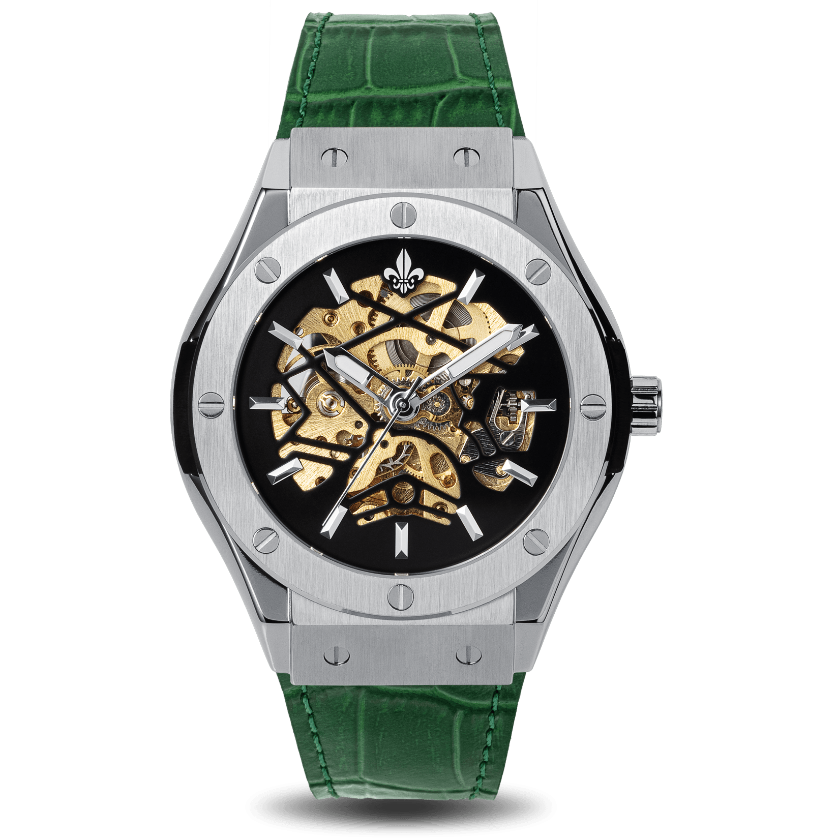 Prague Skeleton Automatic Deluxe - Silver + Green Leather Strap