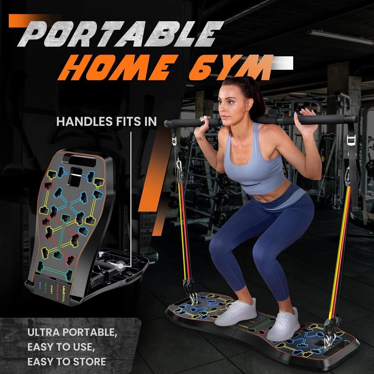 LALAHIGH Portable Home Gym System: Large Compact Push up Board, Pilates Bar & 20 Fitness Accessories with Resistance Bands & Ab Roller Wheel - Full Body Workout for Men and Women