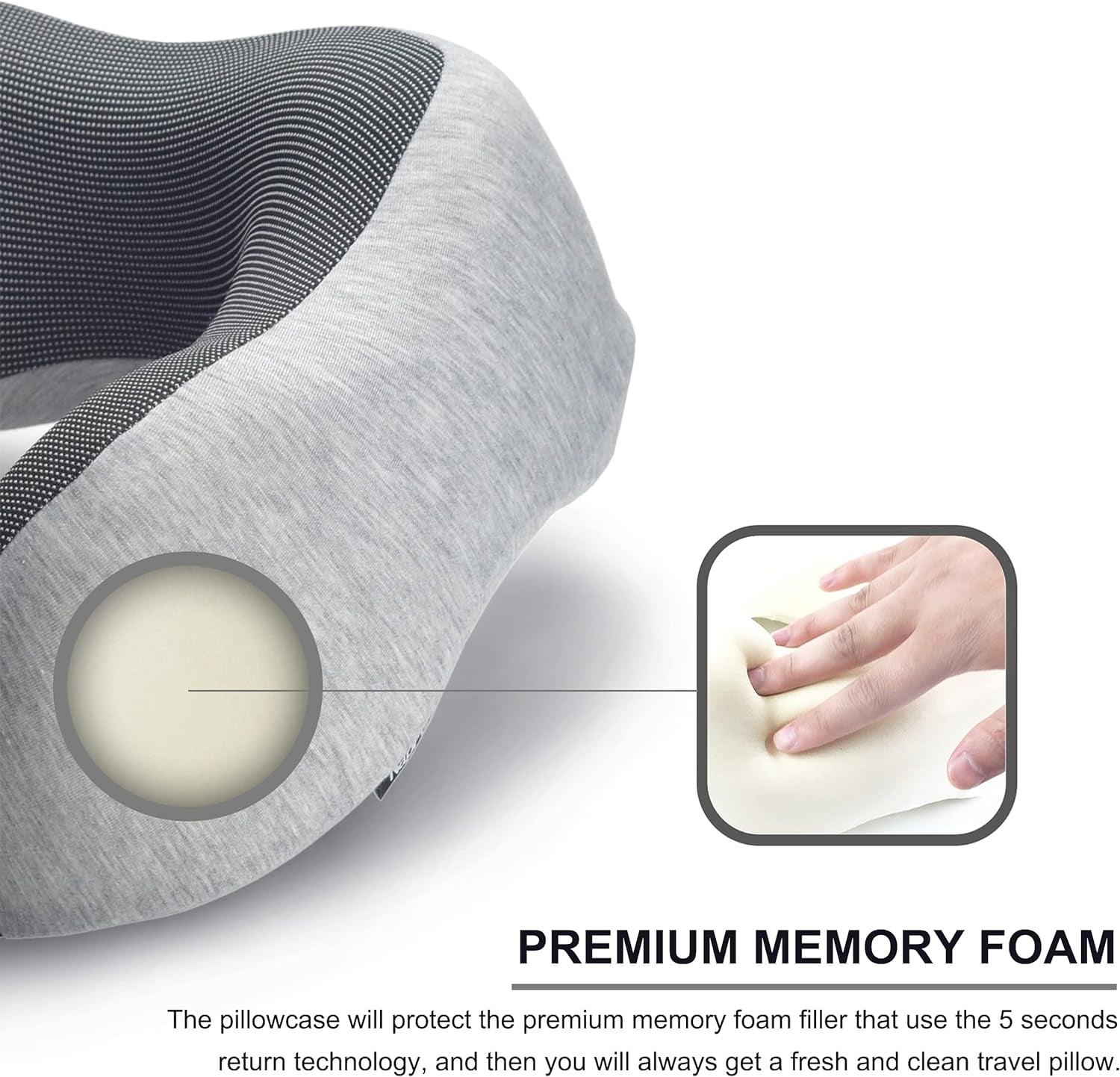 Napfun Neck Pillow for Traveling, Upgraded Travel Neck Pillow for Airplane 100% Pure Memory Foam Travel Pillow for Flight Headrest Sleep, Portable Plane Accessories, Light Grey