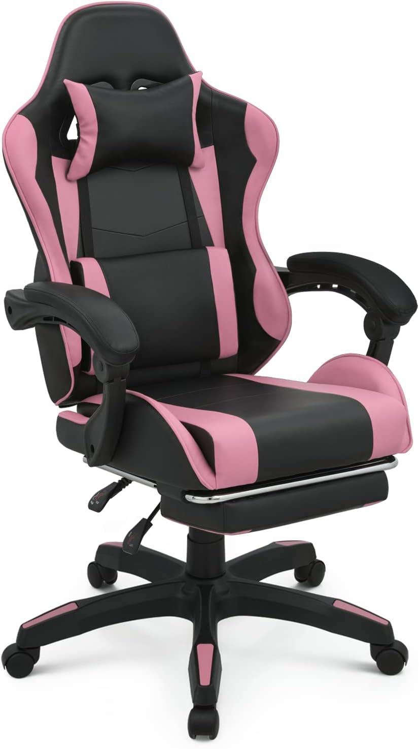 Monibloom Gaming Chair with Headrest & Lumbar Support Ergonomic Computer Racing Chair with Footrest, Adjustable Hight Leather Swivel Computer Chair for Adult Teen Office or Gaming, Pink