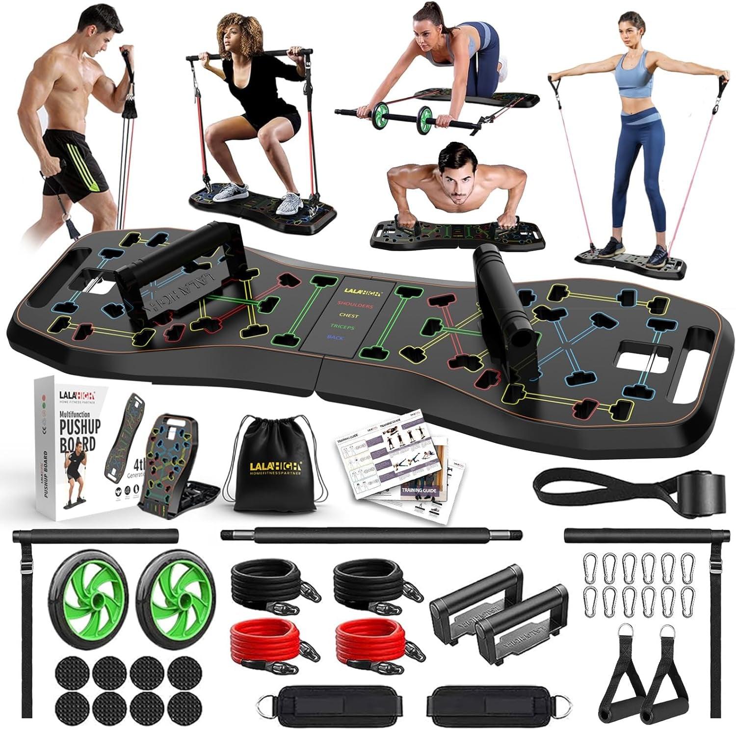 LALAHIGH Portable Home Gym System: Large Compact Push up Board, Pilates Bar & 20 Fitness Accessories with Resistance Bands & Ab Roller Wheel - Full Body Workout for Men and Women