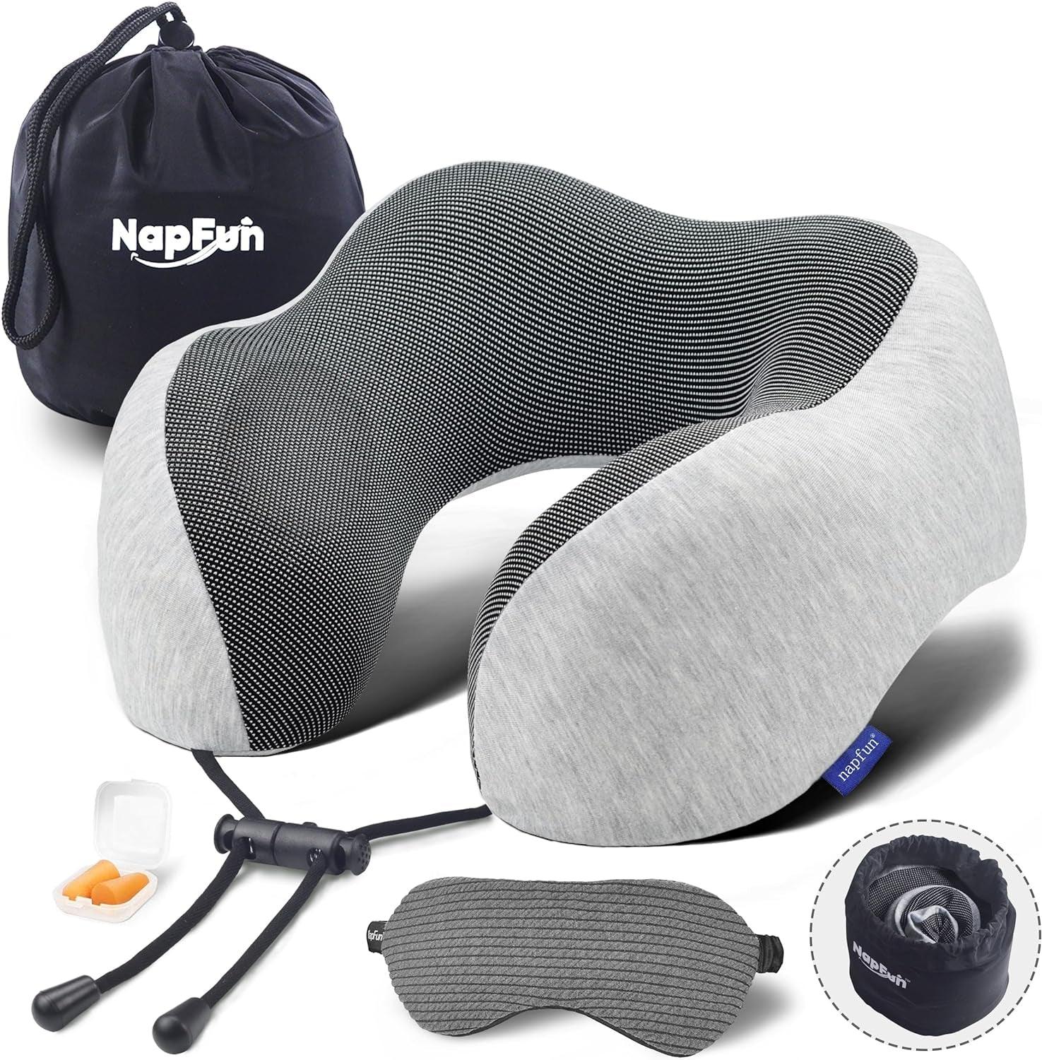 Napfun Neck Pillow for Traveling, Upgraded Travel Neck Pillow for Airplane 100% Pure Memory Foam Travel Pillow for Flight Headrest Sleep, Portable Plane Accessories, Light Grey