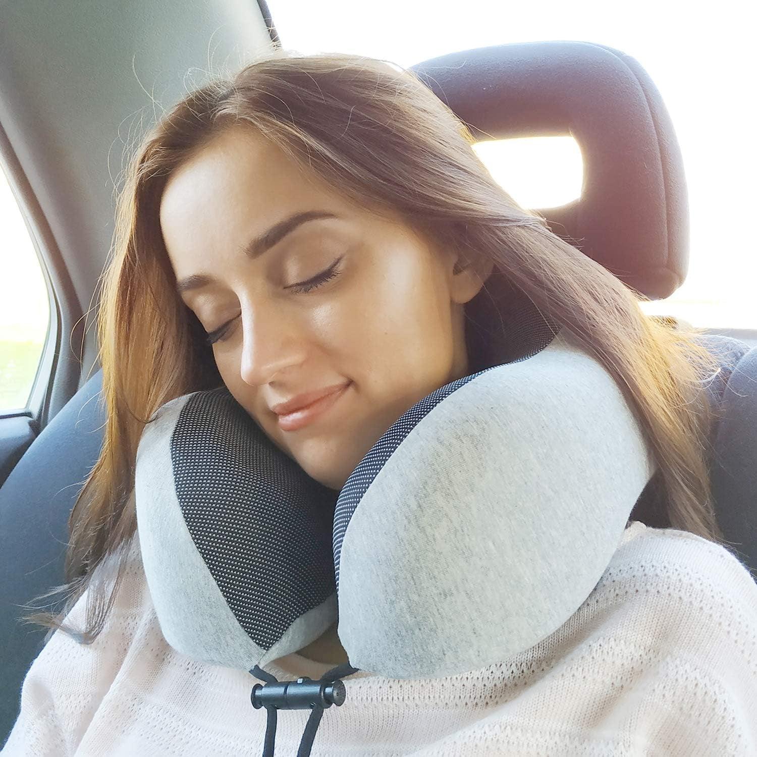 Napfun Neck Pillow for Traveling, Upgraded Travel Neck Pillow for Airplane 100% Pure Memory Foam Travel Pillow for Flight Headrest Sleep, Portable Plane Accessories, Light Grey