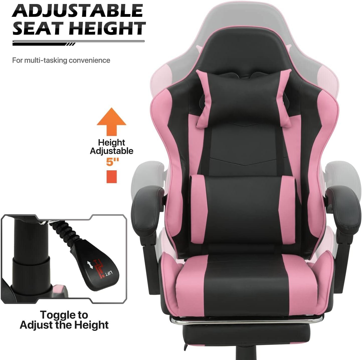 Monibloom Gaming Chair with Headrest & Lumbar Support Ergonomic Computer Racing Chair with Footrest, Adjustable Hight Leather Swivel Computer Chair for Adult Teen Office or Gaming, Pink