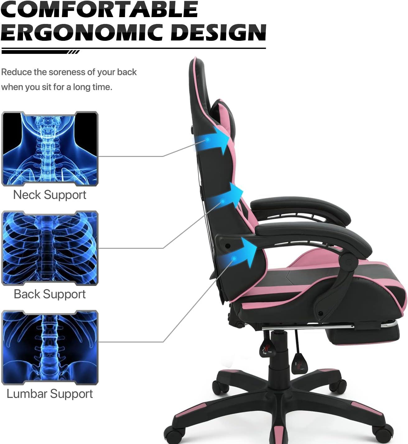 Monibloom Gaming Chair with Headrest & Lumbar Support Ergonomic Computer Racing Chair with Footrest, Adjustable Hight Leather Swivel Computer Chair for Adult Teen Office or Gaming, Pink