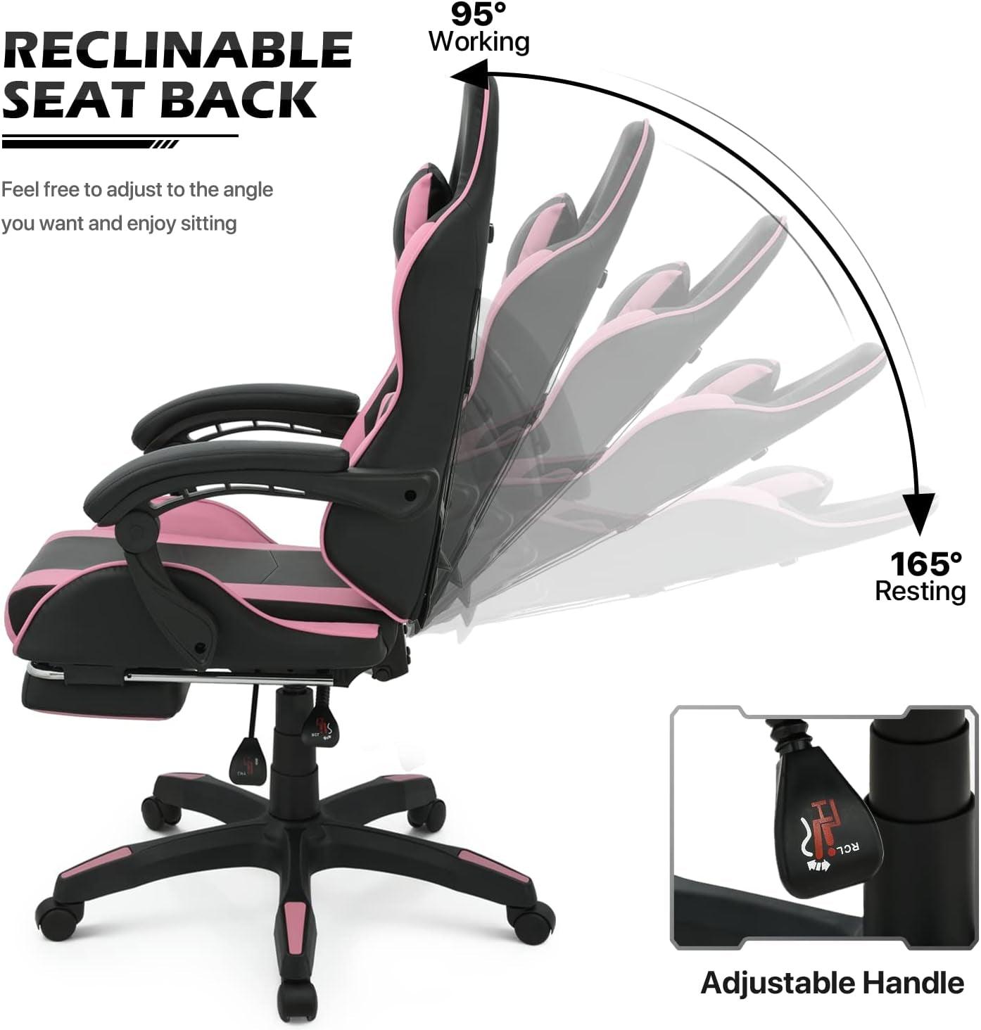 Monibloom Gaming Chair with Headrest & Lumbar Support Ergonomic Computer Racing Chair with Footrest, Adjustable Hight Leather Swivel Computer Chair for Adult Teen Office or Gaming, Pink