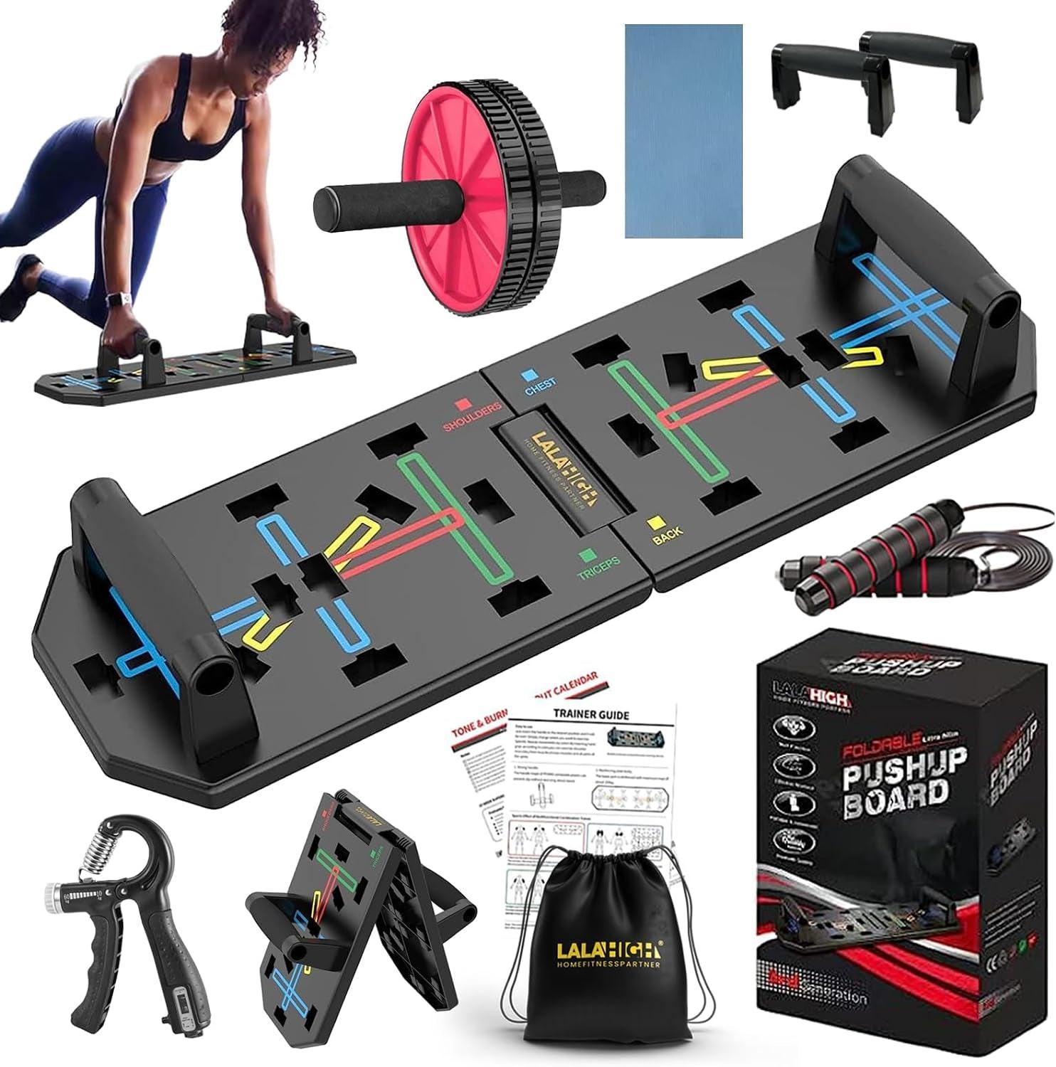 LALAHIGH Portable Home Gym System: Large Compact Push up Board, Pilates Bar & 20 Fitness Accessories with Resistance Bands & Ab Roller Wheel - Full Body Workout for Men and Women