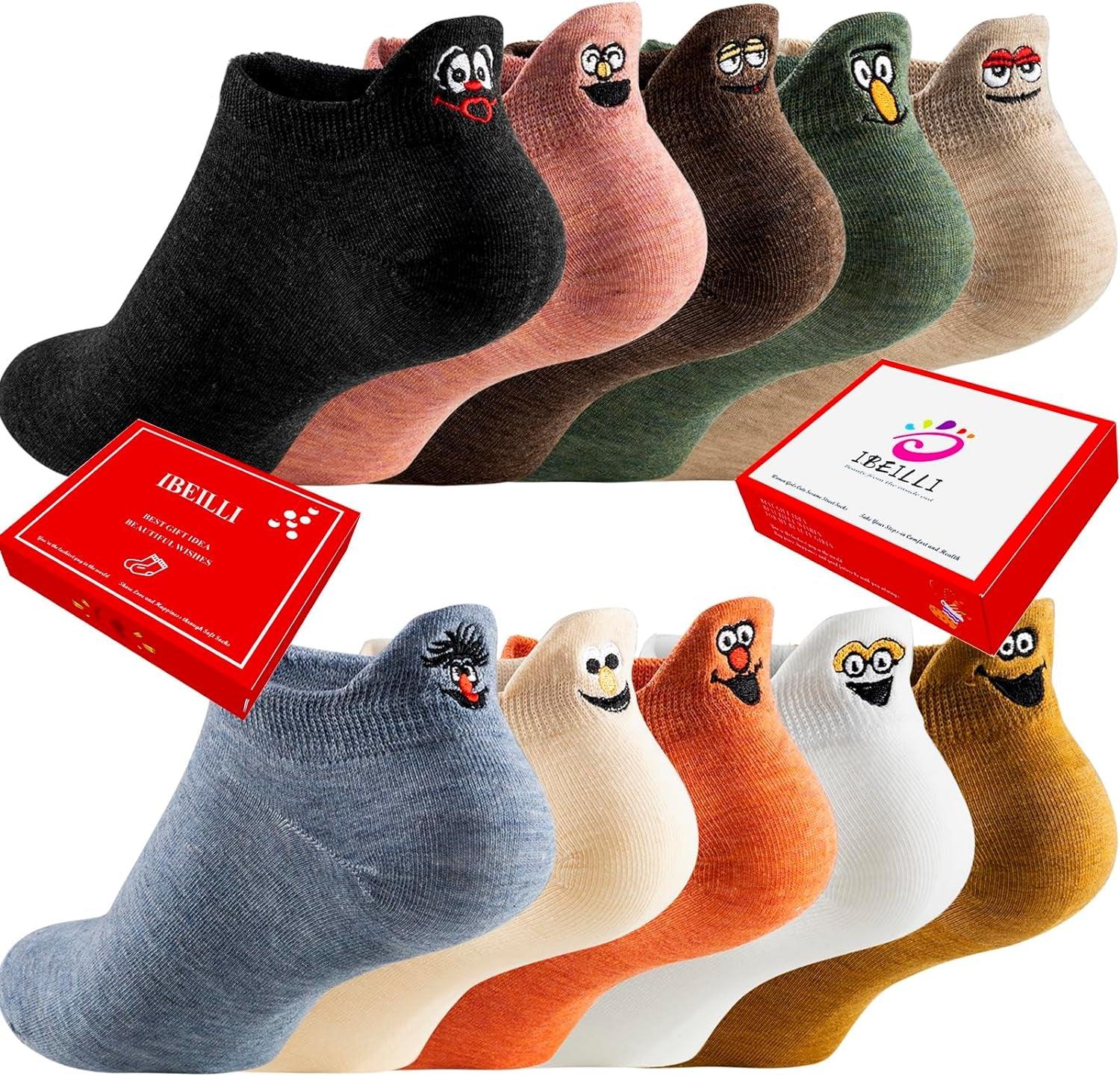 IBEILLI Women Cute Socks 10 Pairs Cotton Kawaii Embroidered Funny Low Cut Socks for Women Girls Ankle Socks