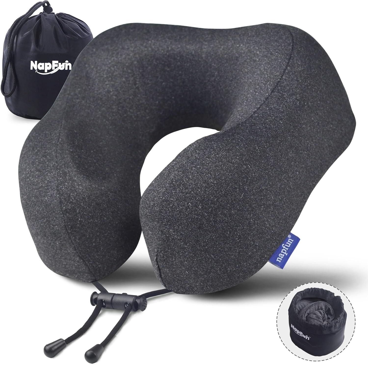 Napfun Neck Pillow for Traveling, Upgraded Travel Neck Pillow for Airplane 100% Pure Memory Foam Travel Pillow for Flight Headrest Sleep, Portable Plane Accessories, Light Grey