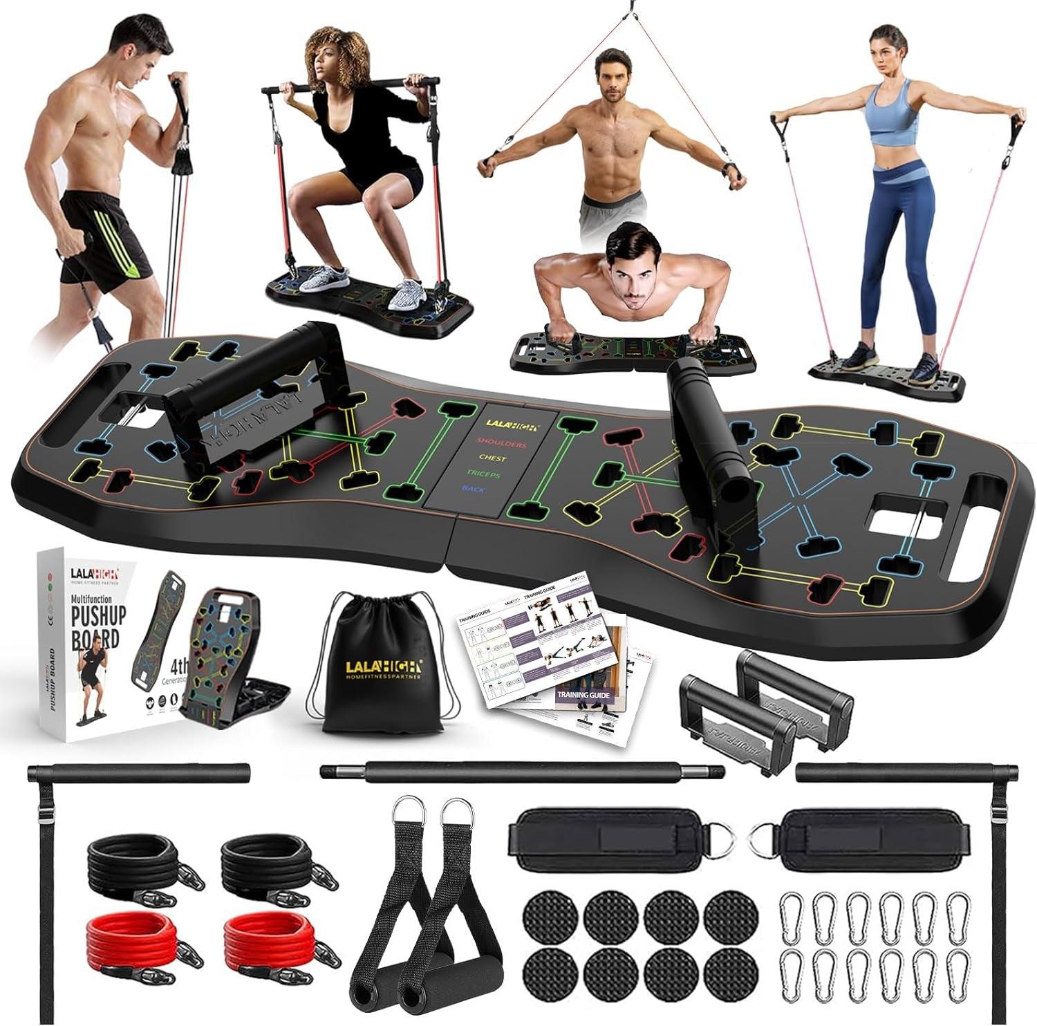 LALAHIGH Portable Home Gym System: Large Compact Push up Board, Pilates Bar & 20 Fitness Accessories with Resistance Bands & Ab Roller Wheel - Full Body Workout for Men and Women