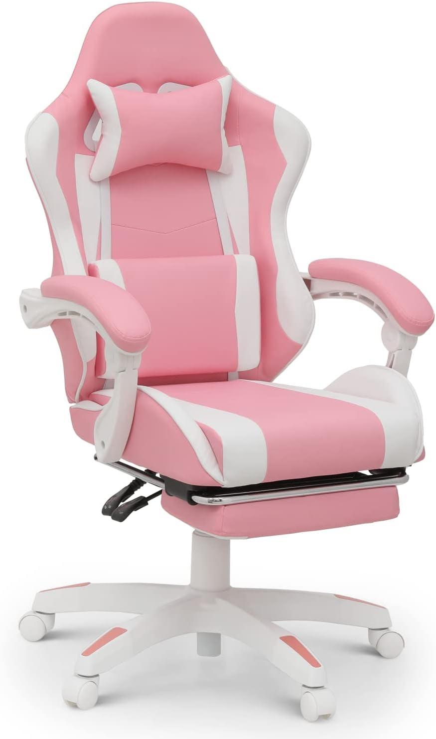 Monibloom Gaming Chair with Headrest & Lumbar Support Ergonomic Computer Racing Chair with Footrest, Adjustable Hight Leather Swivel Computer Chair for Adult Teen Office or Gaming, Pink