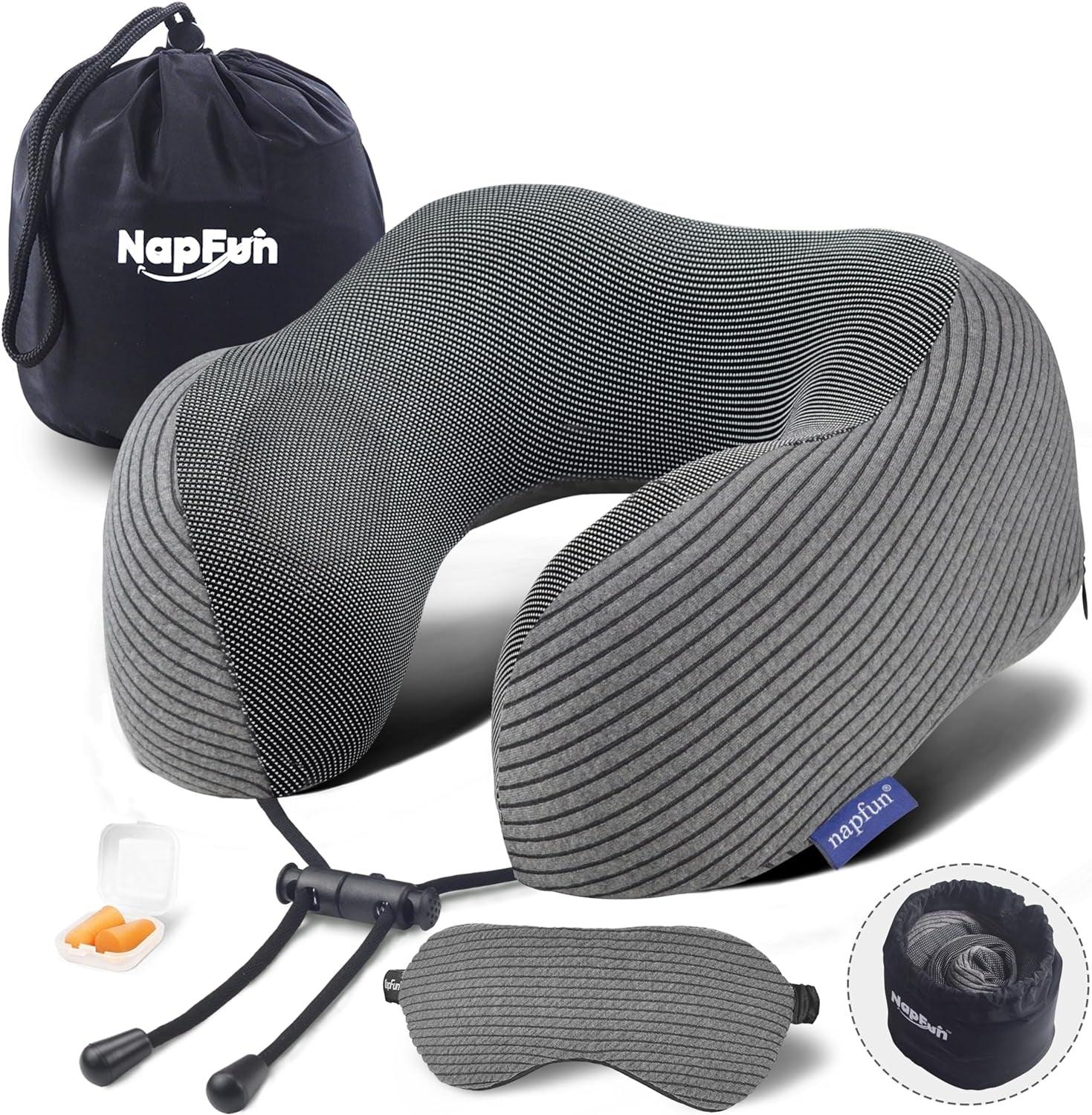 Napfun Neck Pillow for Traveling, Upgraded Travel Neck Pillow for Airplane 100% Pure Memory Foam Travel Pillow for Flight Headrest Sleep, Portable Plane Accessories, Light Grey