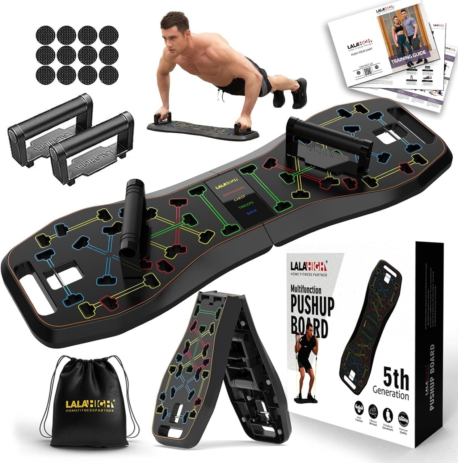 LALAHIGH Portable Home Gym System: Large Compact Push up Board, Pilates Bar & 20 Fitness Accessories with Resistance Bands & Ab Roller Wheel - Full Body Workout for Men and Women