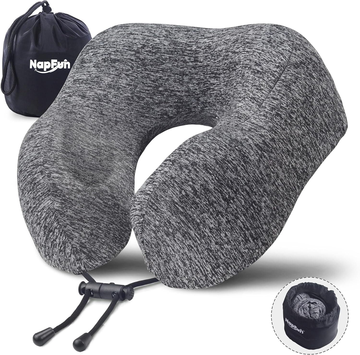 Napfun Neck Pillow for Traveling, Upgraded Travel Neck Pillow for Airplane 100% Pure Memory Foam Travel Pillow for Flight Headrest Sleep, Portable Plane Accessories, Light Grey