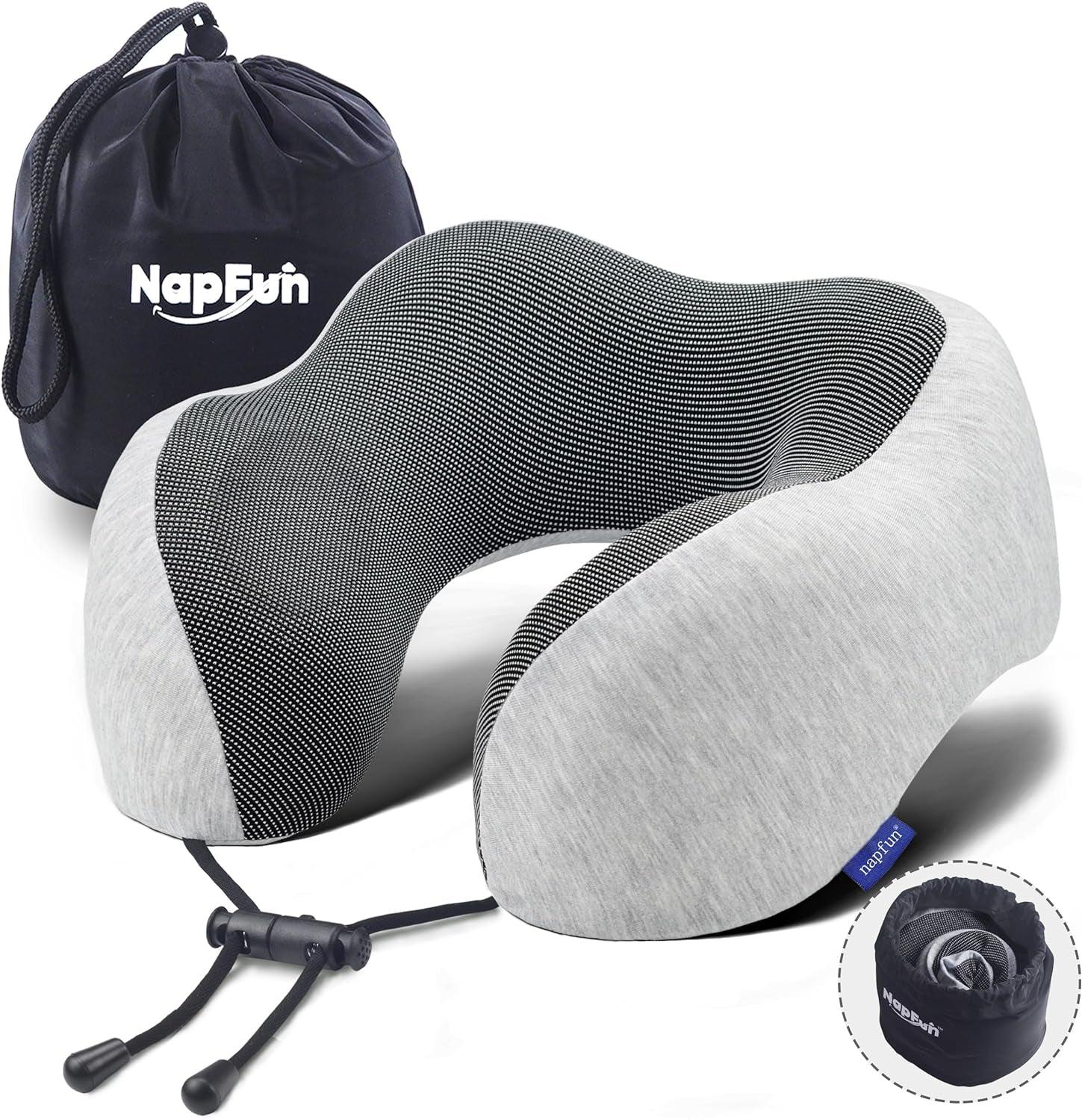 Napfun Neck Pillow for Traveling, Upgraded Travel Neck Pillow for Airplane 100% Pure Memory Foam Travel Pillow for Flight Headrest Sleep, Portable Plane Accessories, Light Grey