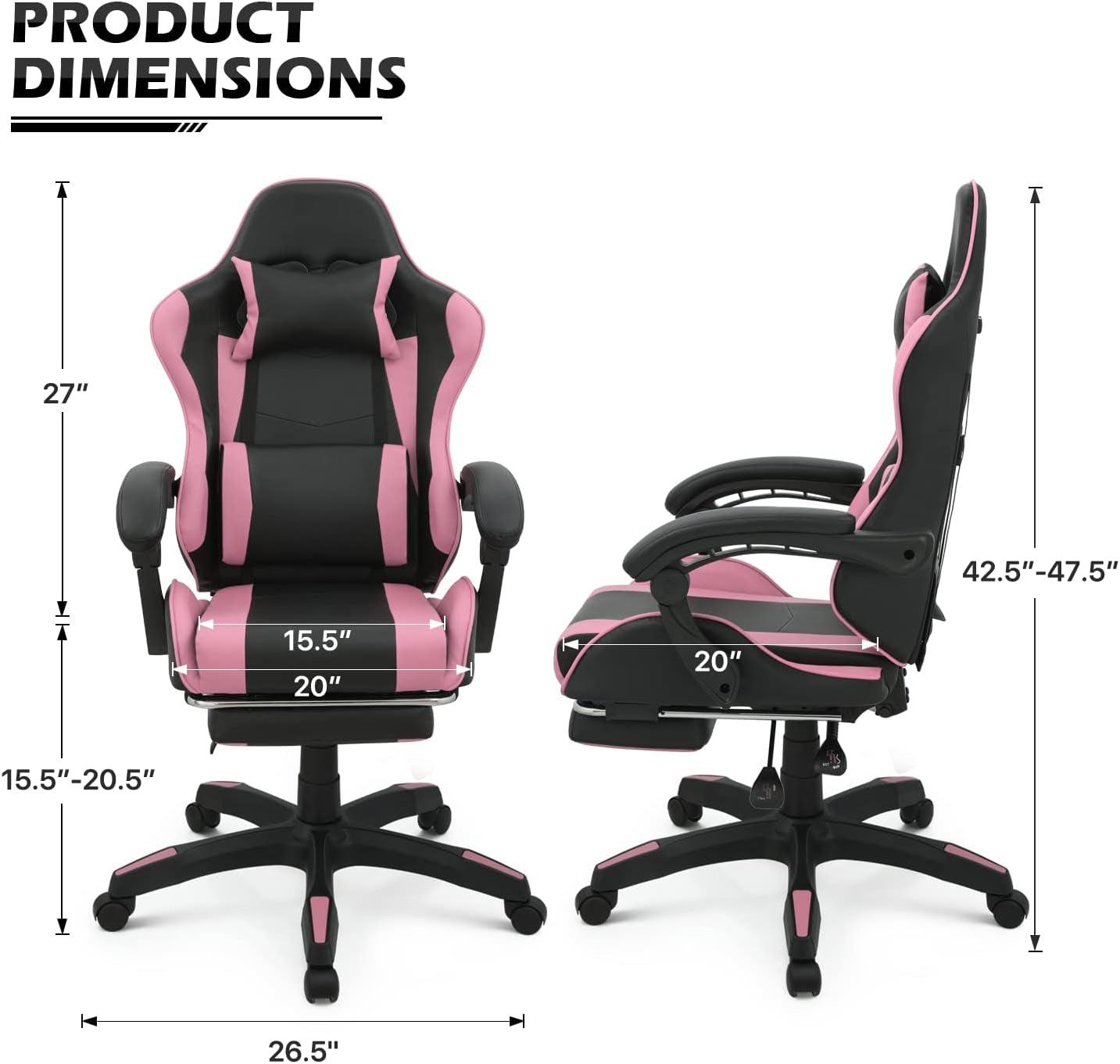 Monibloom Gaming Chair with Headrest & Lumbar Support Ergonomic Computer Racing Chair with Footrest, Adjustable Hight Leather Swivel Computer Chair for Adult Teen Office or Gaming, Pink