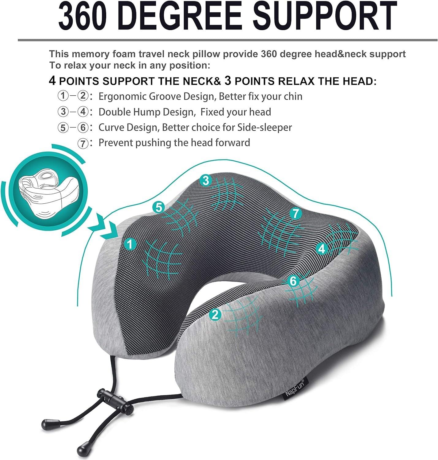 Napfun Neck Pillow for Traveling, Upgraded Travel Neck Pillow for Airplane 100% Pure Memory Foam Travel Pillow for Flight Headrest Sleep, Portable Plane Accessories, Light Grey