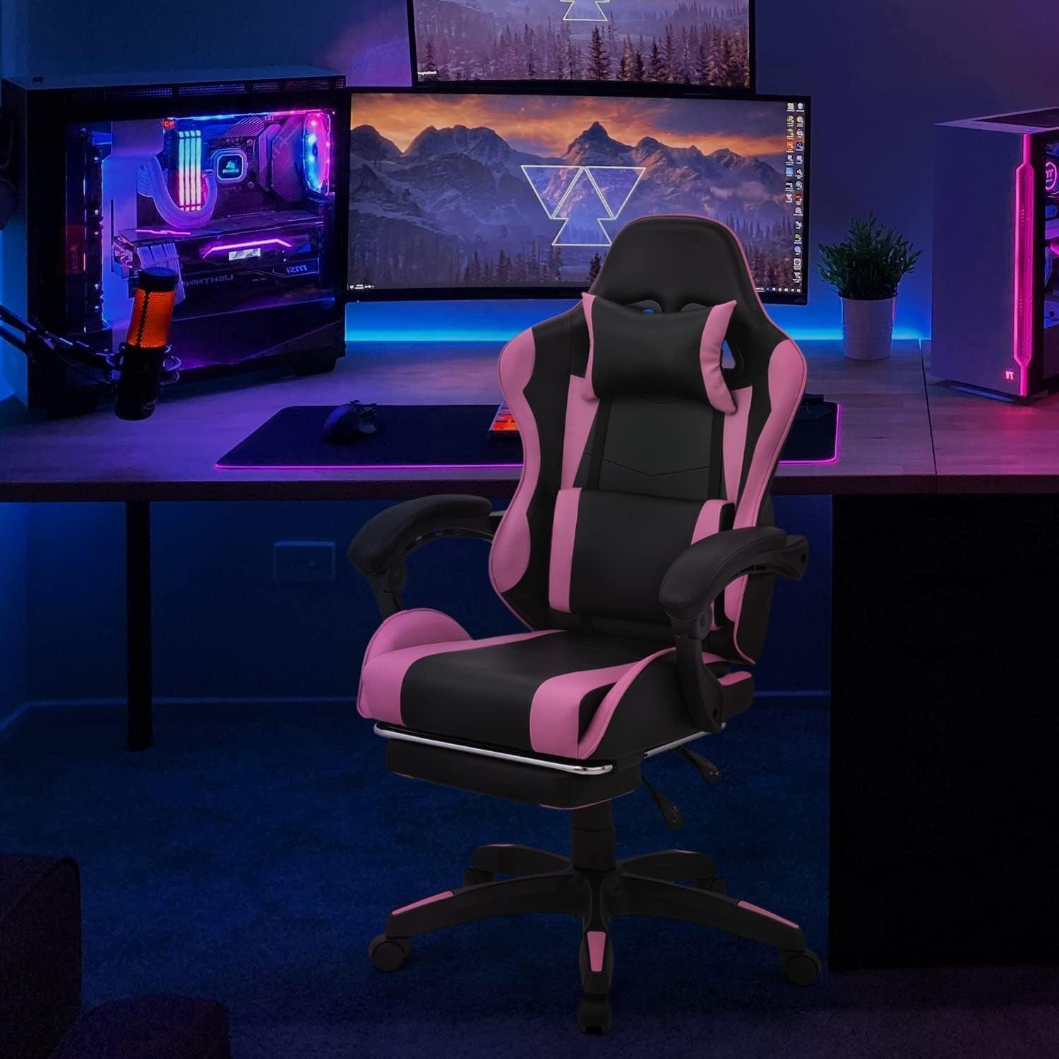 Monibloom Gaming Chair with Headrest & Lumbar Support Ergonomic Computer Racing Chair with Footrest, Adjustable Hight Leather Swivel Computer Chair for Adult Teen Office or Gaming, Pink