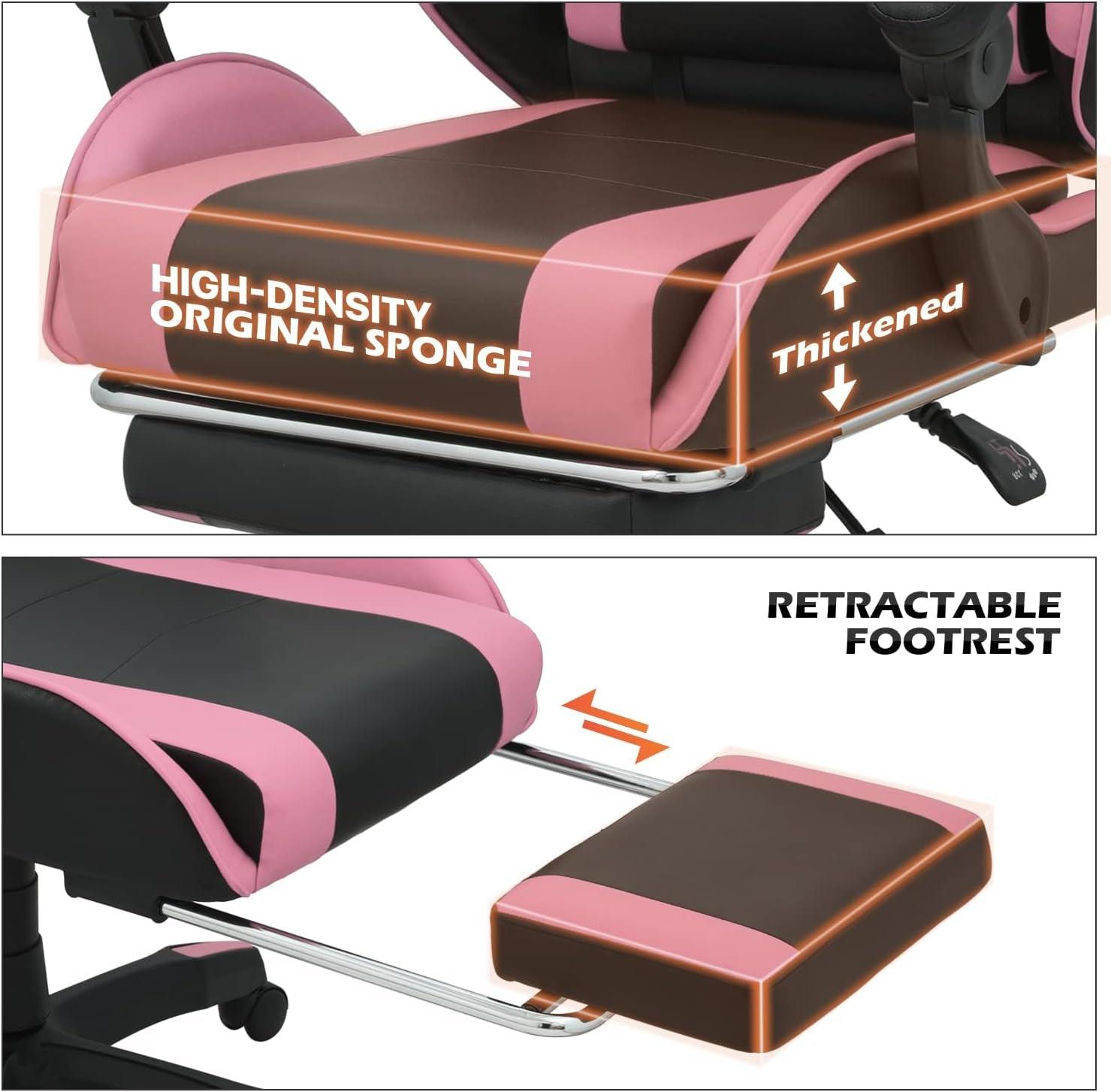 Monibloom Gaming Chair with Headrest & Lumbar Support Ergonomic Computer Racing Chair with Footrest, Adjustable Hight Leather Swivel Computer Chair for Adult Teen Office or Gaming, Pink