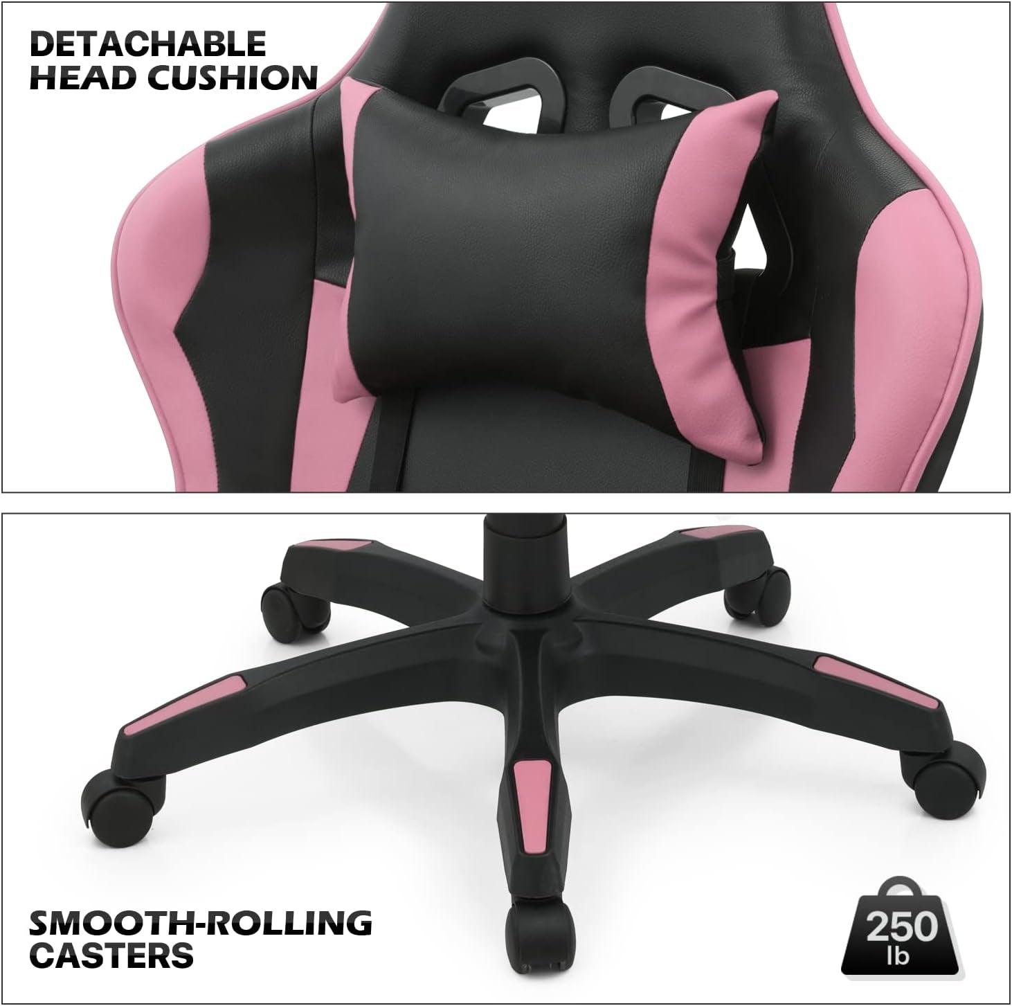 Monibloom Gaming Chair with Headrest & Lumbar Support Ergonomic Computer Racing Chair with Footrest, Adjustable Hight Leather Swivel Computer Chair for Adult Teen Office or Gaming, Pink