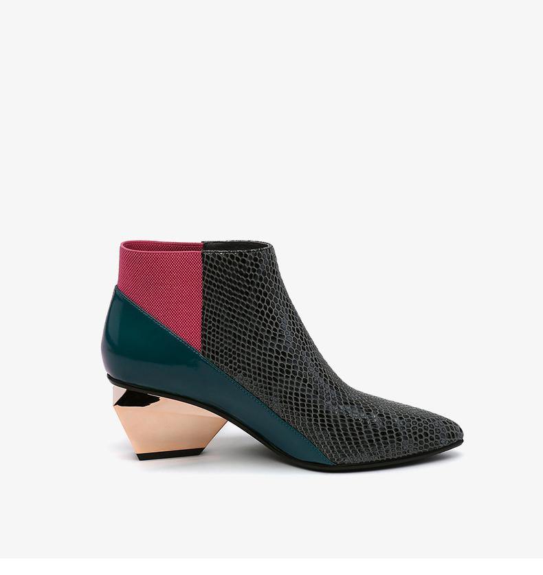 Mid Heel Pointed Toe Color Block Ankle Boots