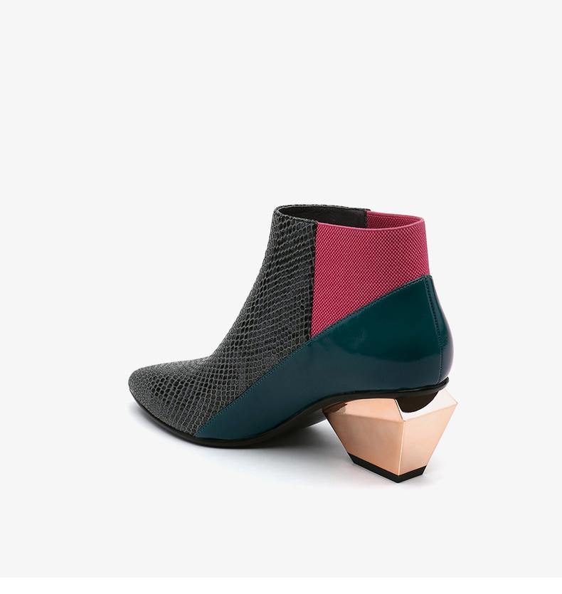 Mid Heel Pointed Toe Color Block Ankle Boots