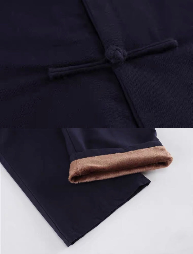 Buttons and bottom leg opening of Chinese Traditional Basic Two-Piece Tang Suits Thicken Pure Color Cotton and Linen Suits in Winter
