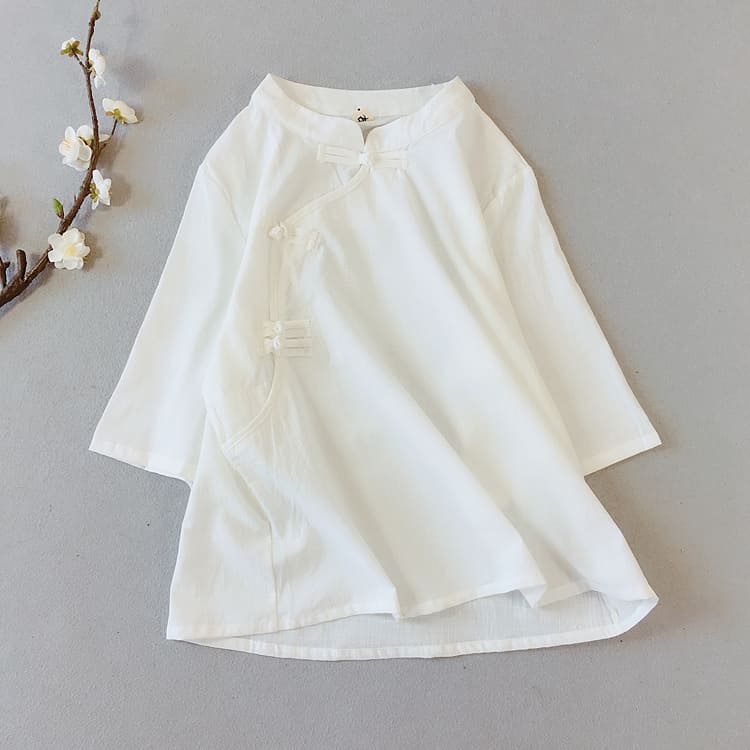 White qipao blouse with short sleeves