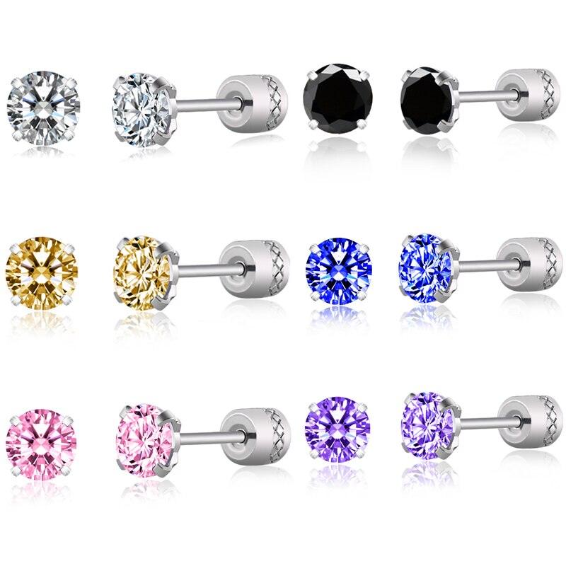 Steel Cubic Zirconia Crystal Stone Round Small Stud Earring for Women Wedding Unusual helix screw earrings Man Jewelry female