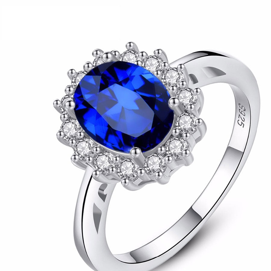 Princess Diana William Kate Gemstone Rings Sapphire Blue Wedding Engagement 925 Sterling Silver Finger Ring for Women