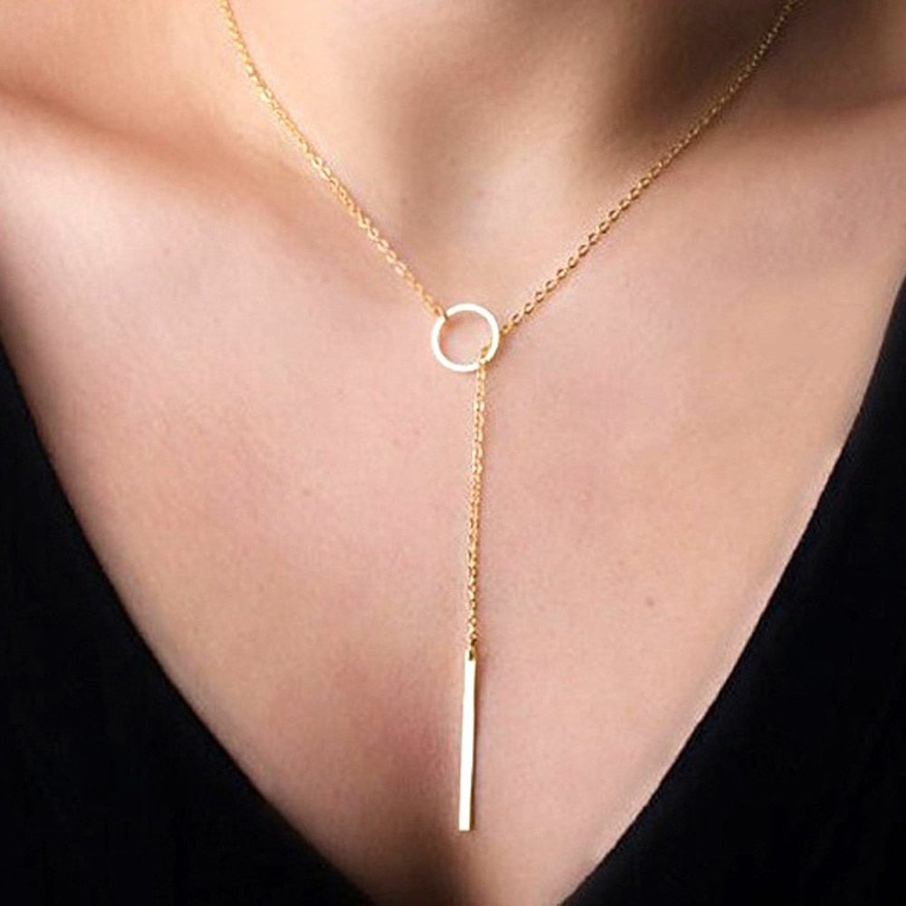 Women Accessories Hot Fashion Gold Silver Metal Chain Bar Circle Lariat Necklace Long Strip Pendant Necklaces Jewelry
