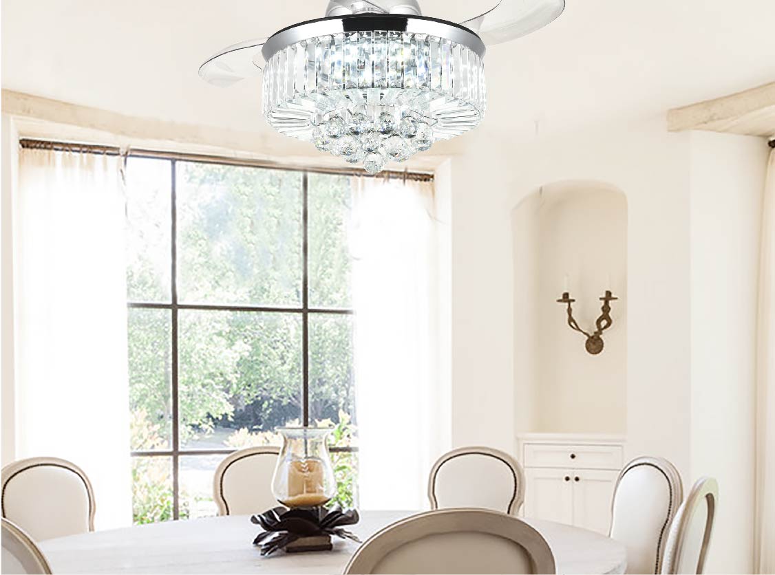 Crystal Ceiling Fan Chandelier With Invisible Blade And Dimmable