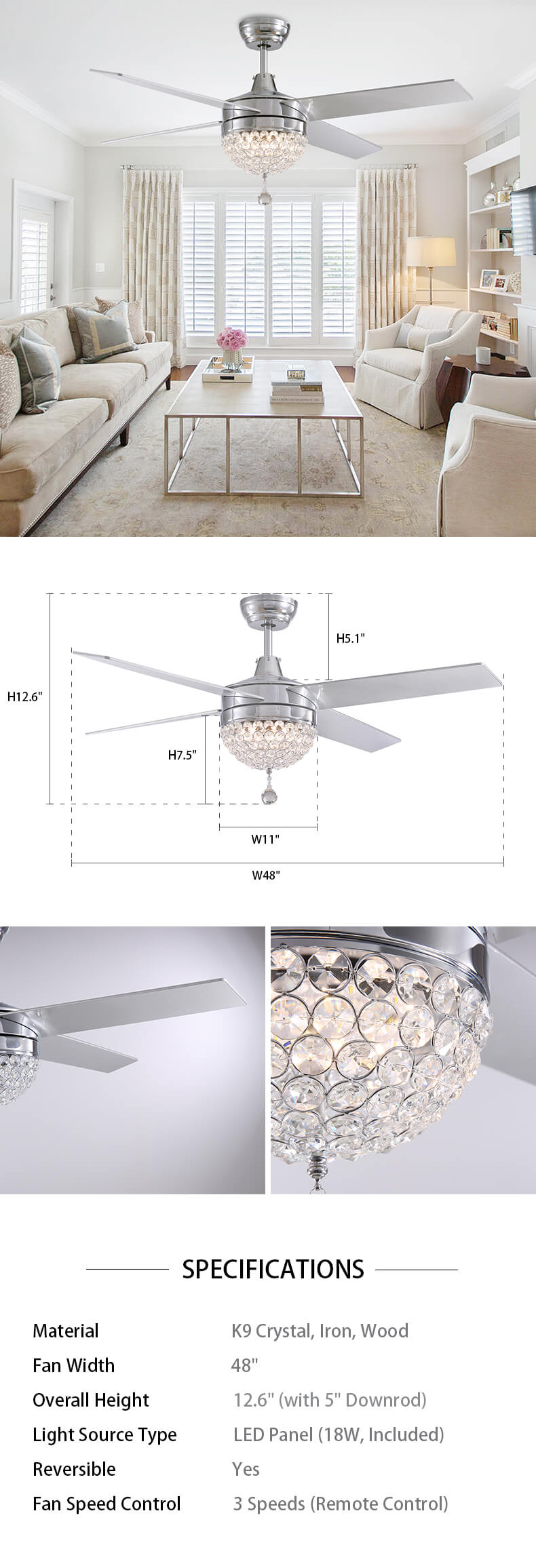 4 Blades Crystal Ceiling Fan with LED Light Dimensions